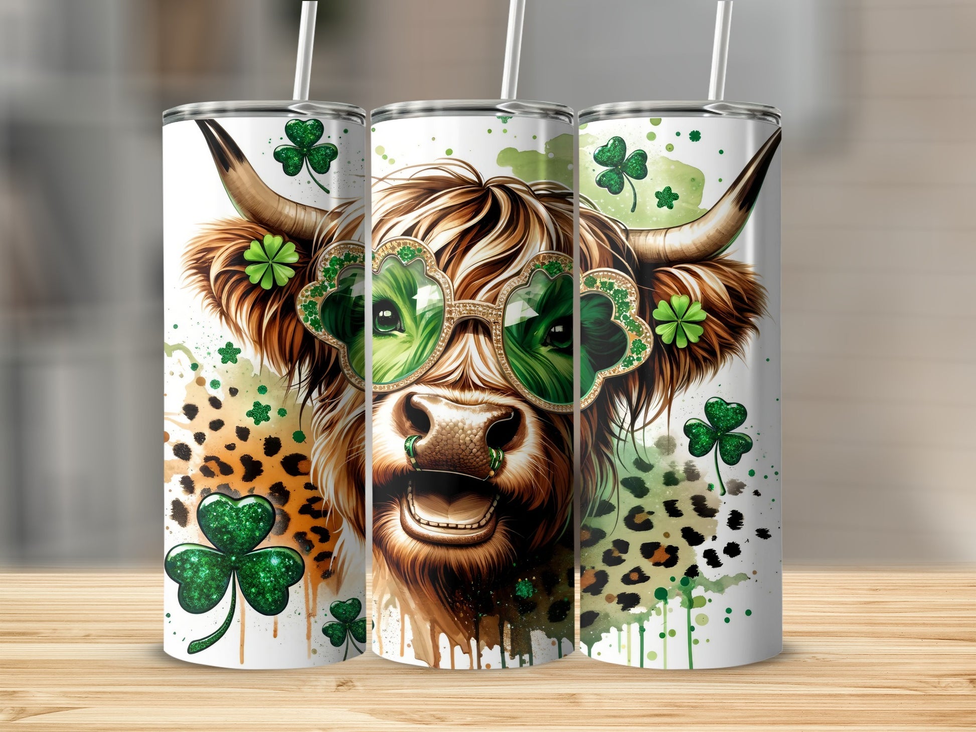 Highland cow wearing clover-shaped sunglasses, St. Patrick's Day themed tumbler design.