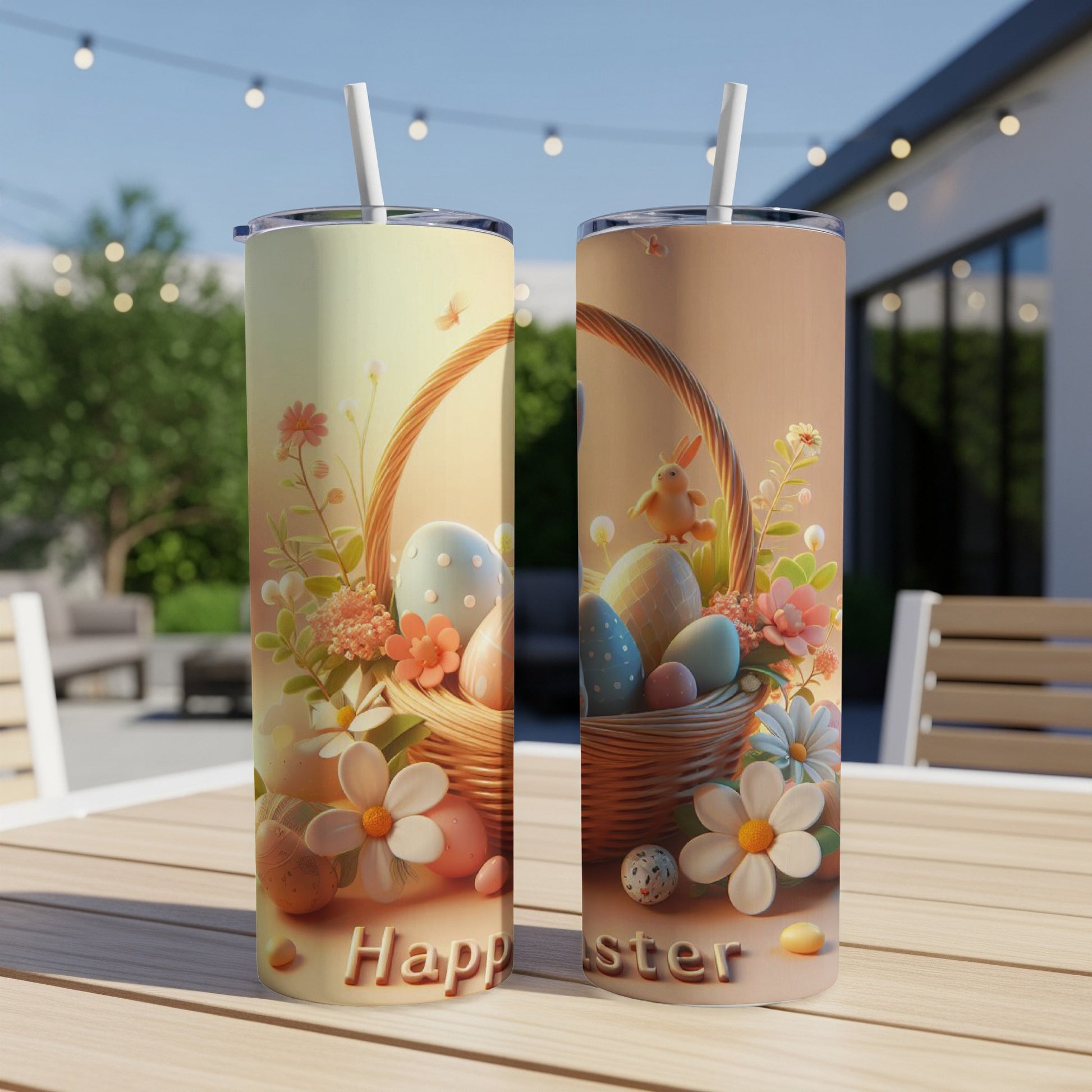 Two tall tumblers with Easter basket and eggs design, "Happy Easter" text.