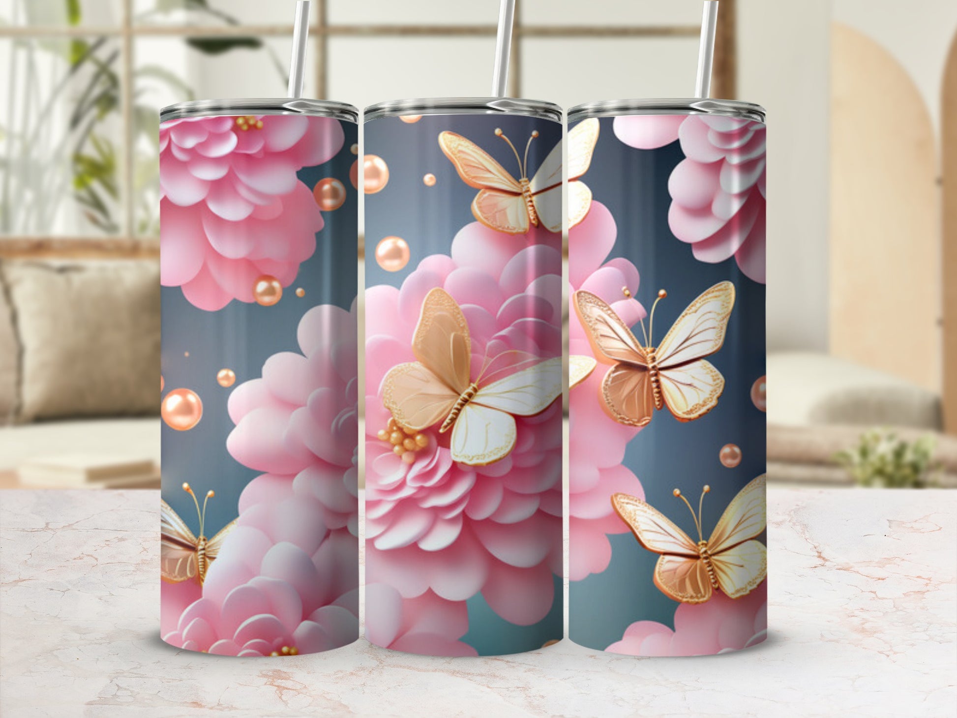 Pink and gold butterflies and pearls on a floral background.