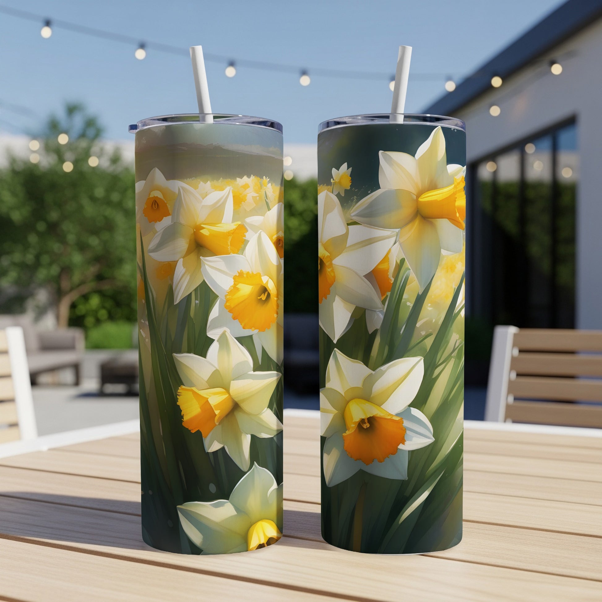 Two tumblers featuring a close-up illustration of white and yellow daffodils in a field.