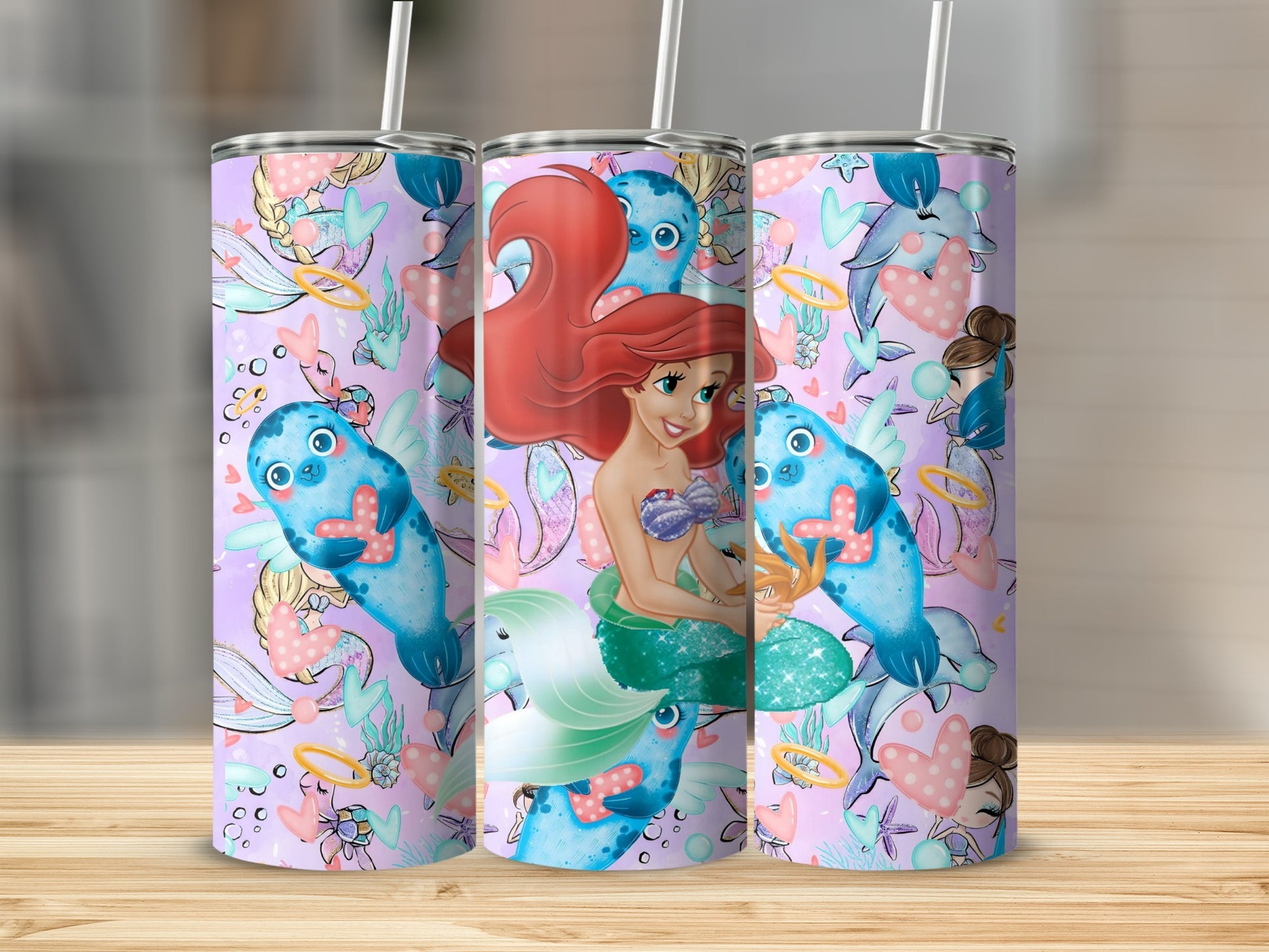 Cute Mermaid and Sea Animals Printed Tumbler