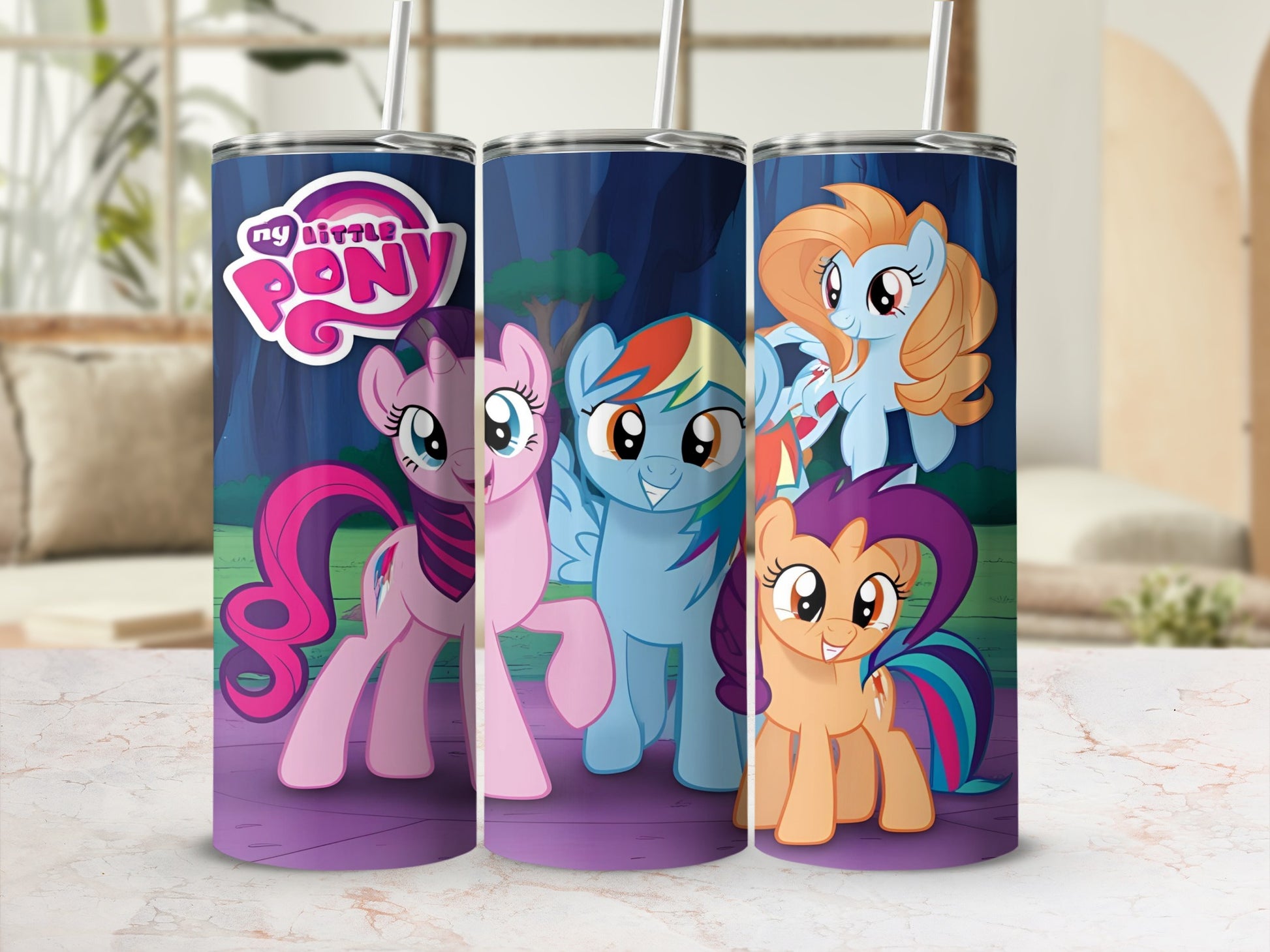 My Little Pony characters Pinkie Pie, Rainbow Dash, and Applejack on tumblers.