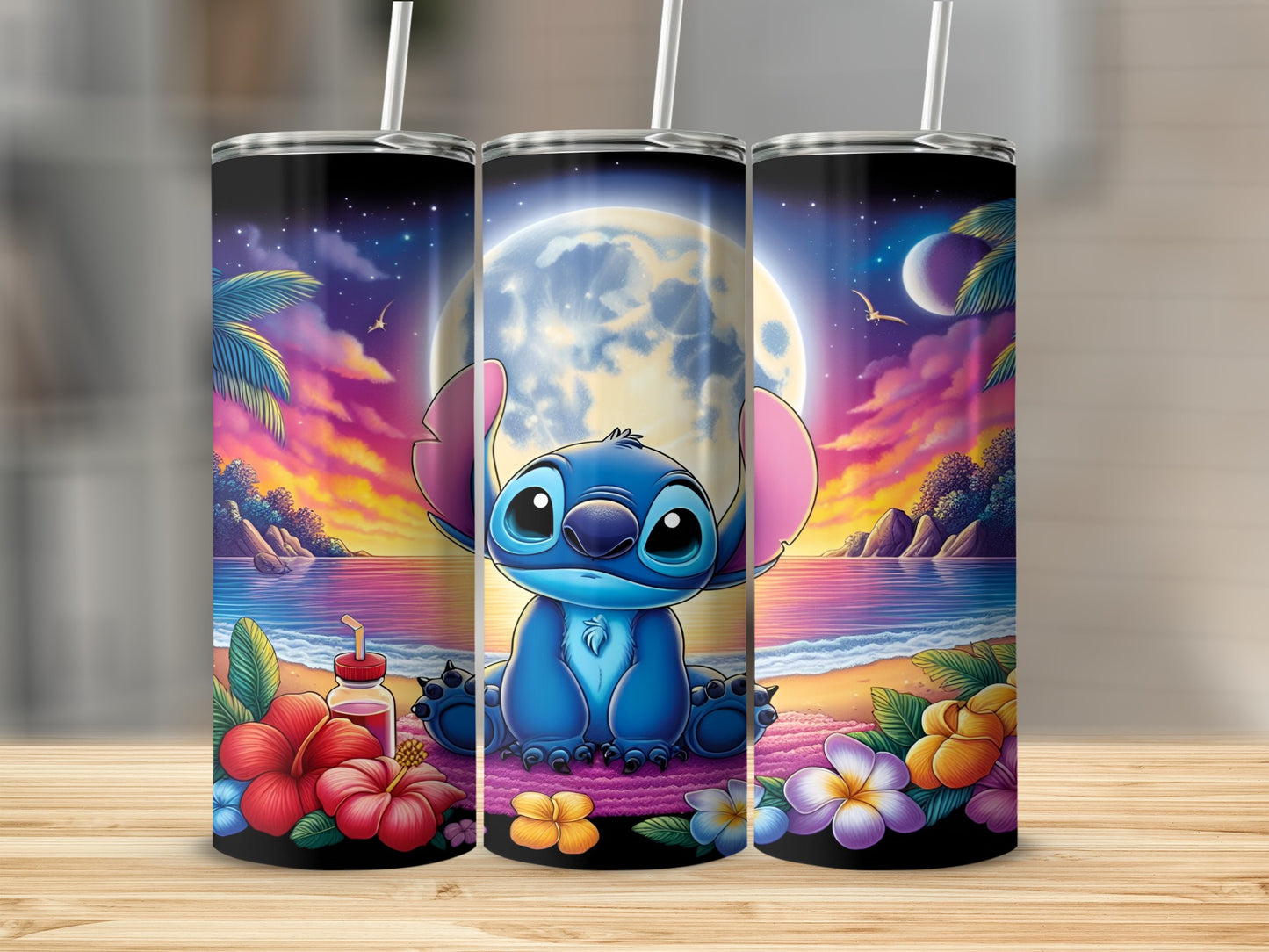 Stitch sitting on a beach at night with a large moon behind him.