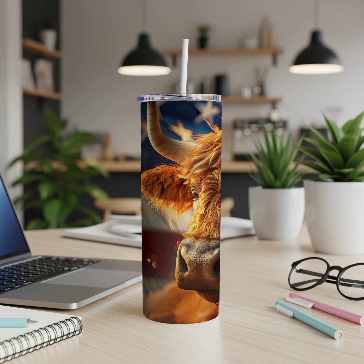 Highland cow tumbler with American flag detail and white straw.