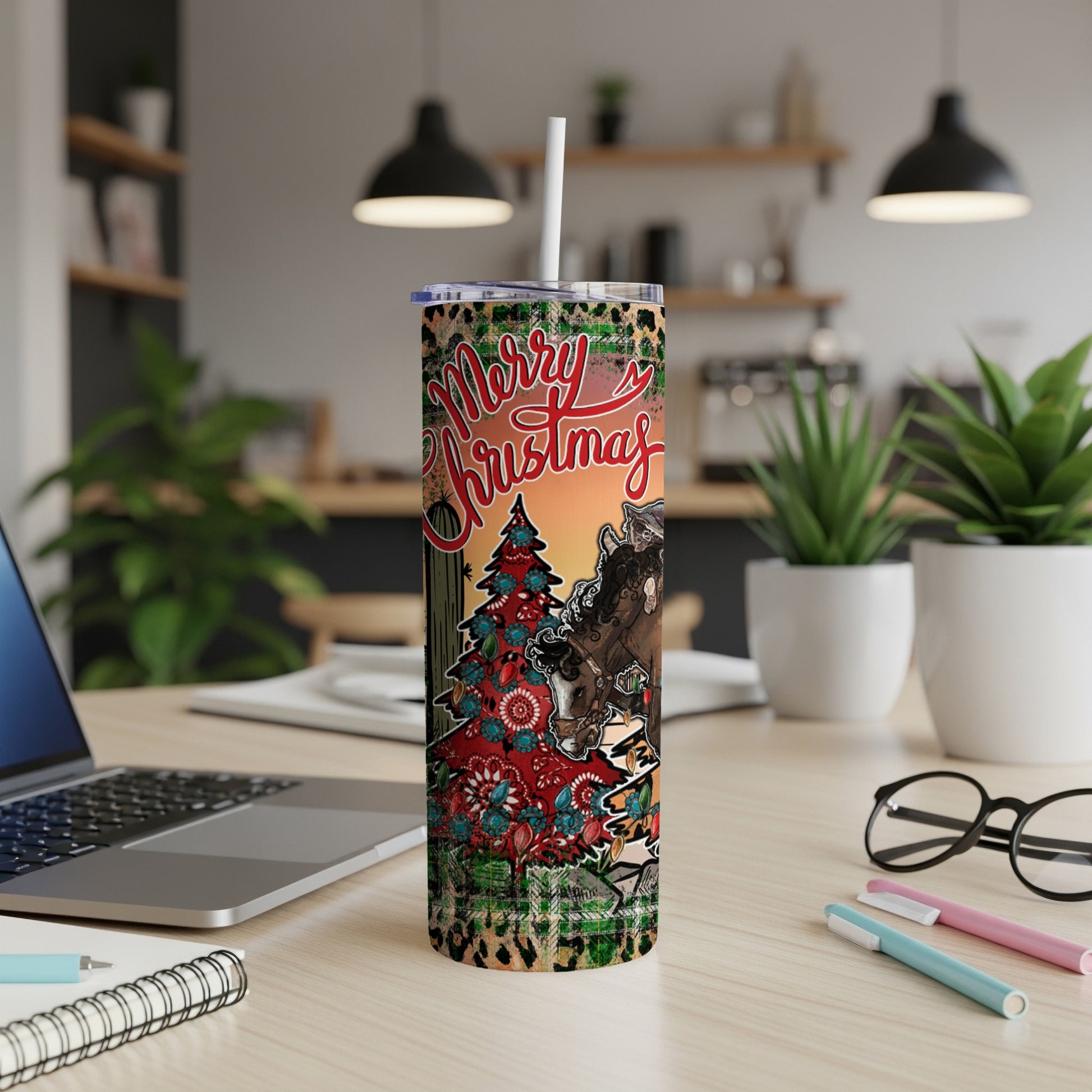 Merry Christmas tumbler with horse and Christmas tree design.