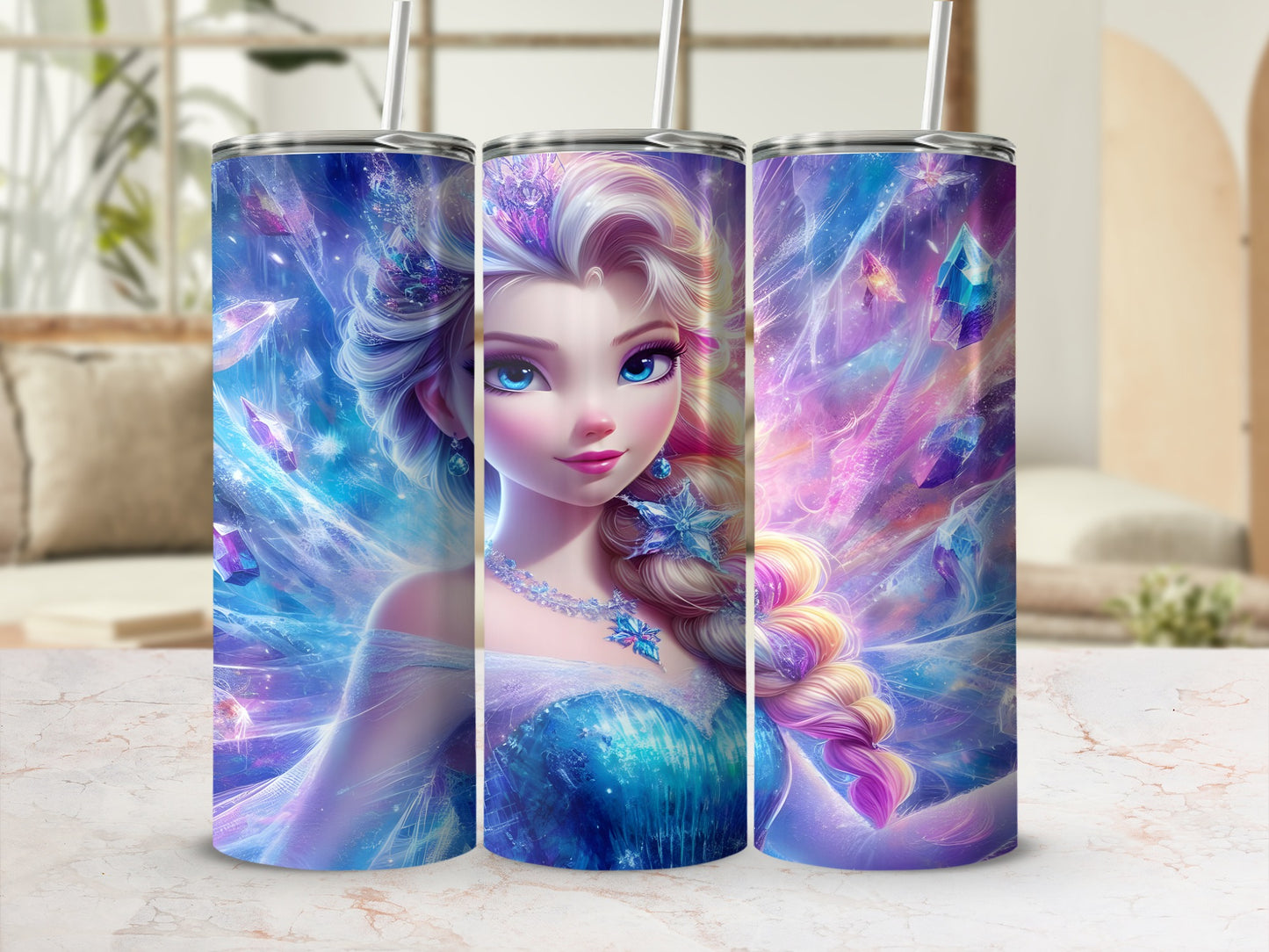 Elsa from Frozen surrounded by sparkling ice crystals and stars.