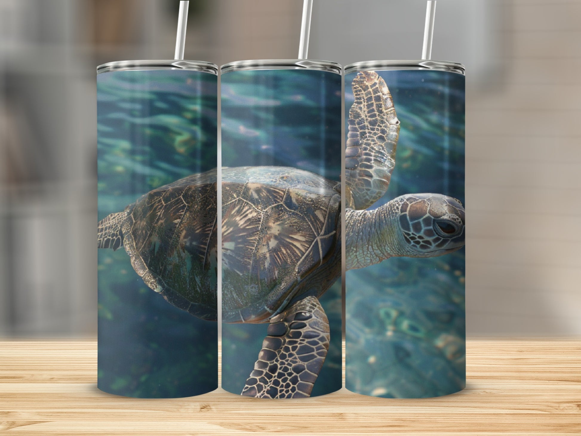 Sea turtle swimming underwater, rendered on three overlapping tumblers.