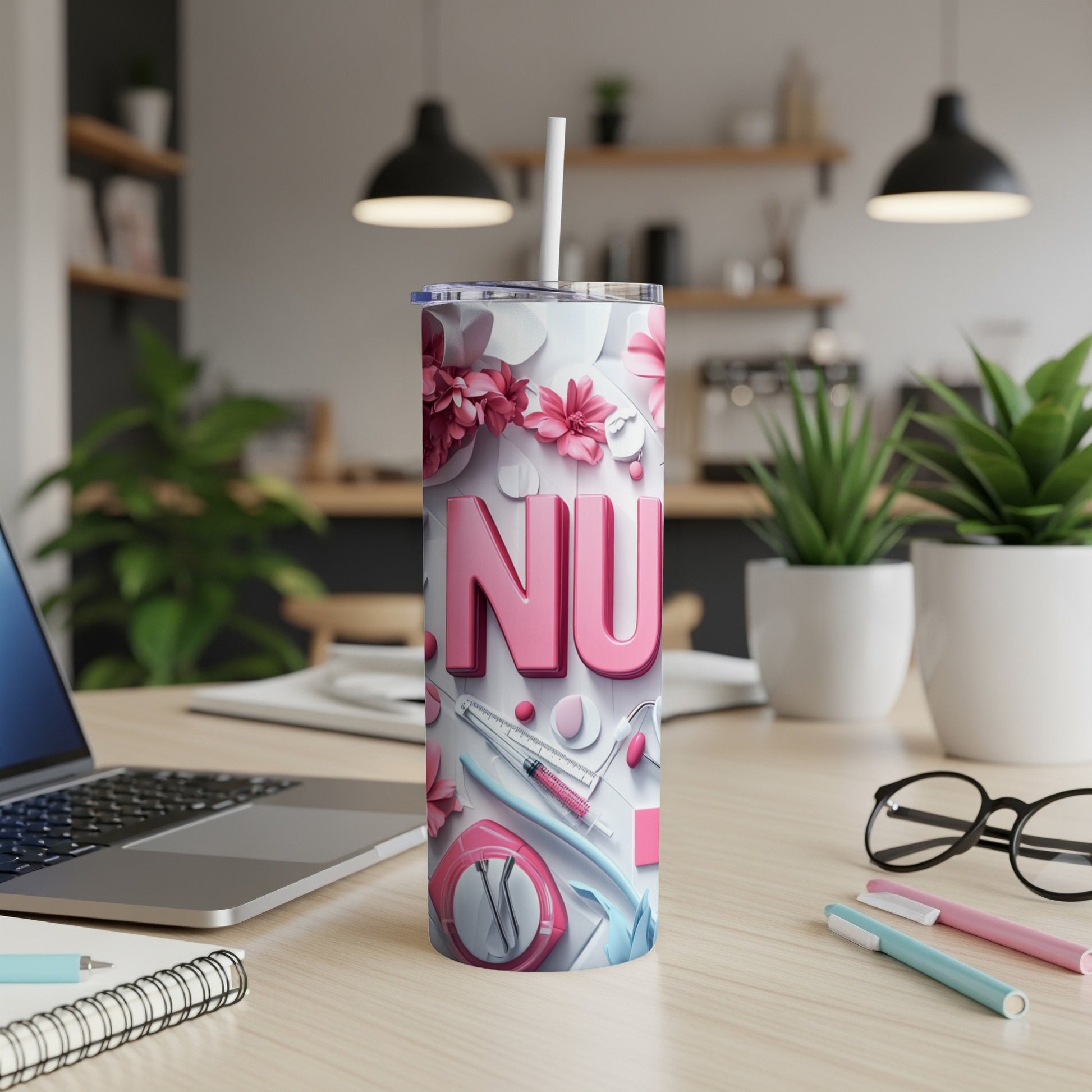Pink floral tumbler with "Nurse" text and medical symbols.