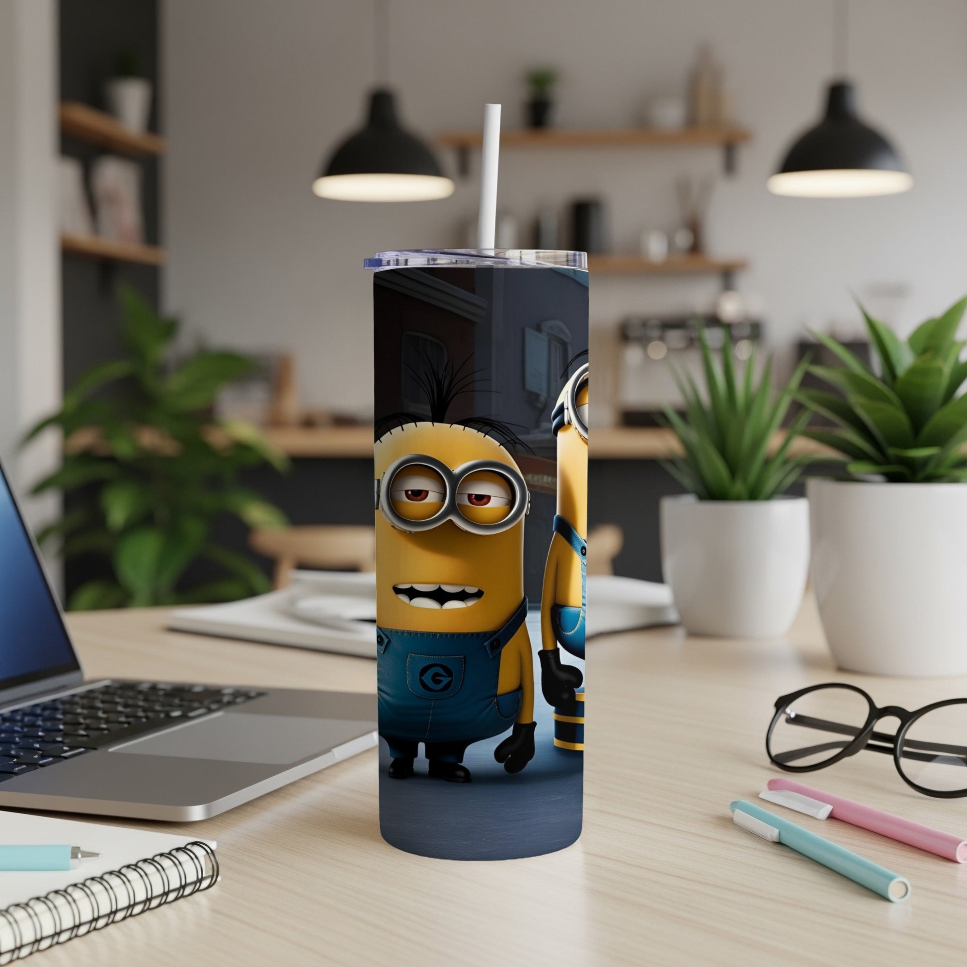 Minions Stuart and Bob on a stainless steel tumbler with a straw.
