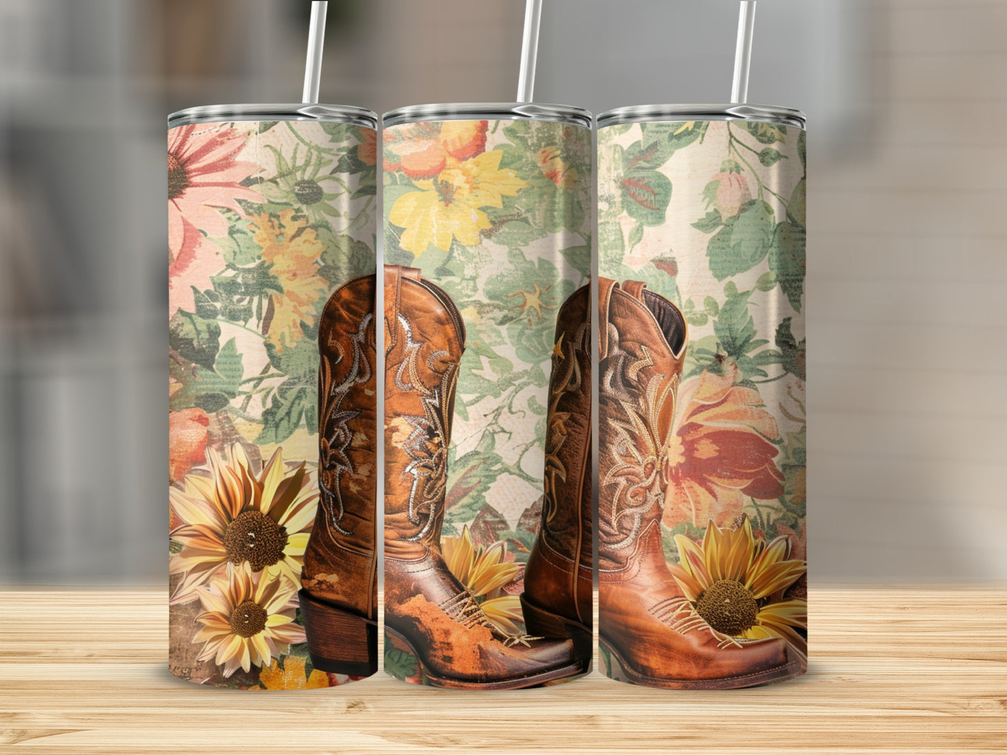 Cowboy boots and sunflowers on a floral patterned tumbler.