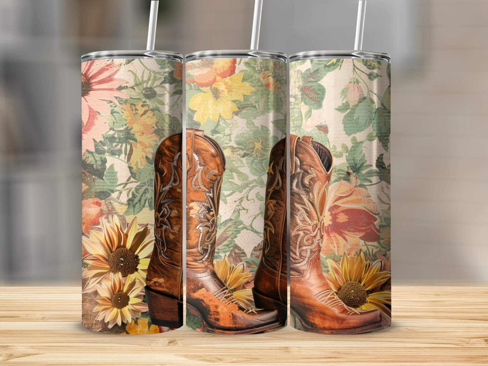 Cowboy boots and sunflowers on a floral patterned tumbler.