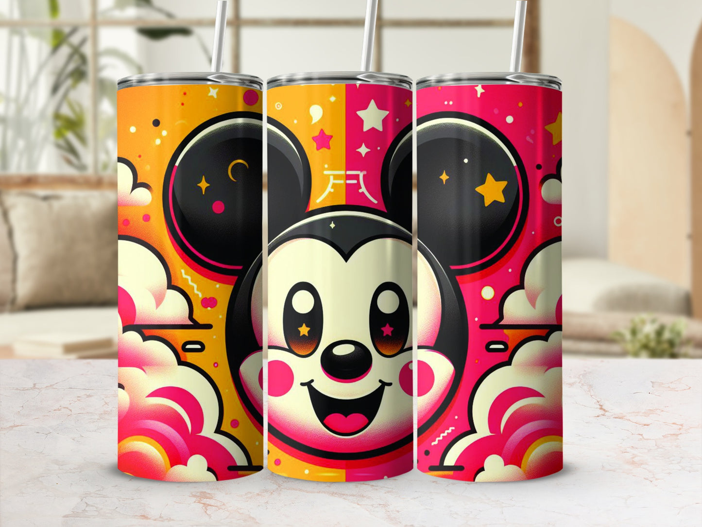 Mickey Mouse tumbler with colorful clouds and stars.