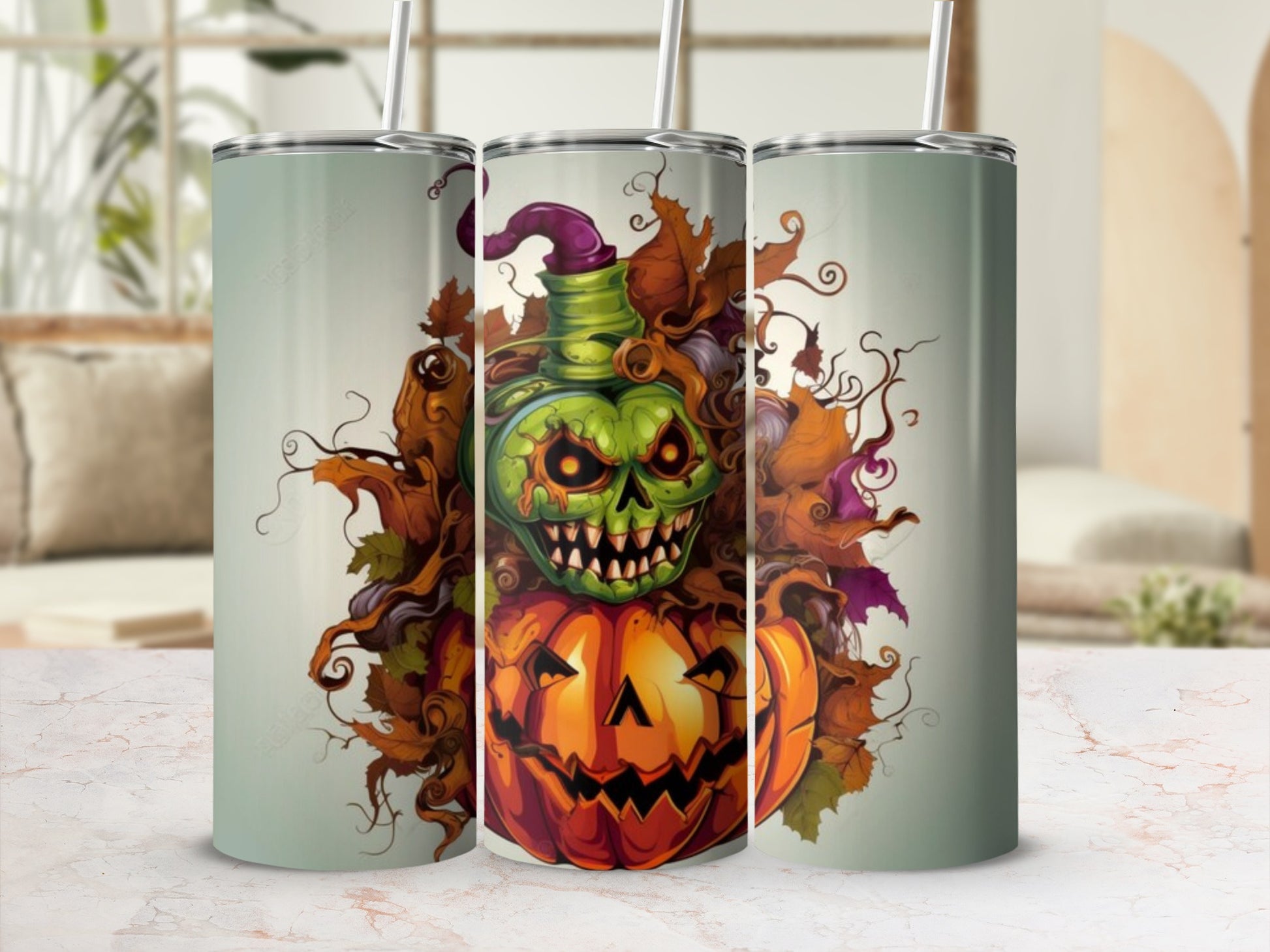 Festive Halloween Pumpkin and Skull Design Tumbler