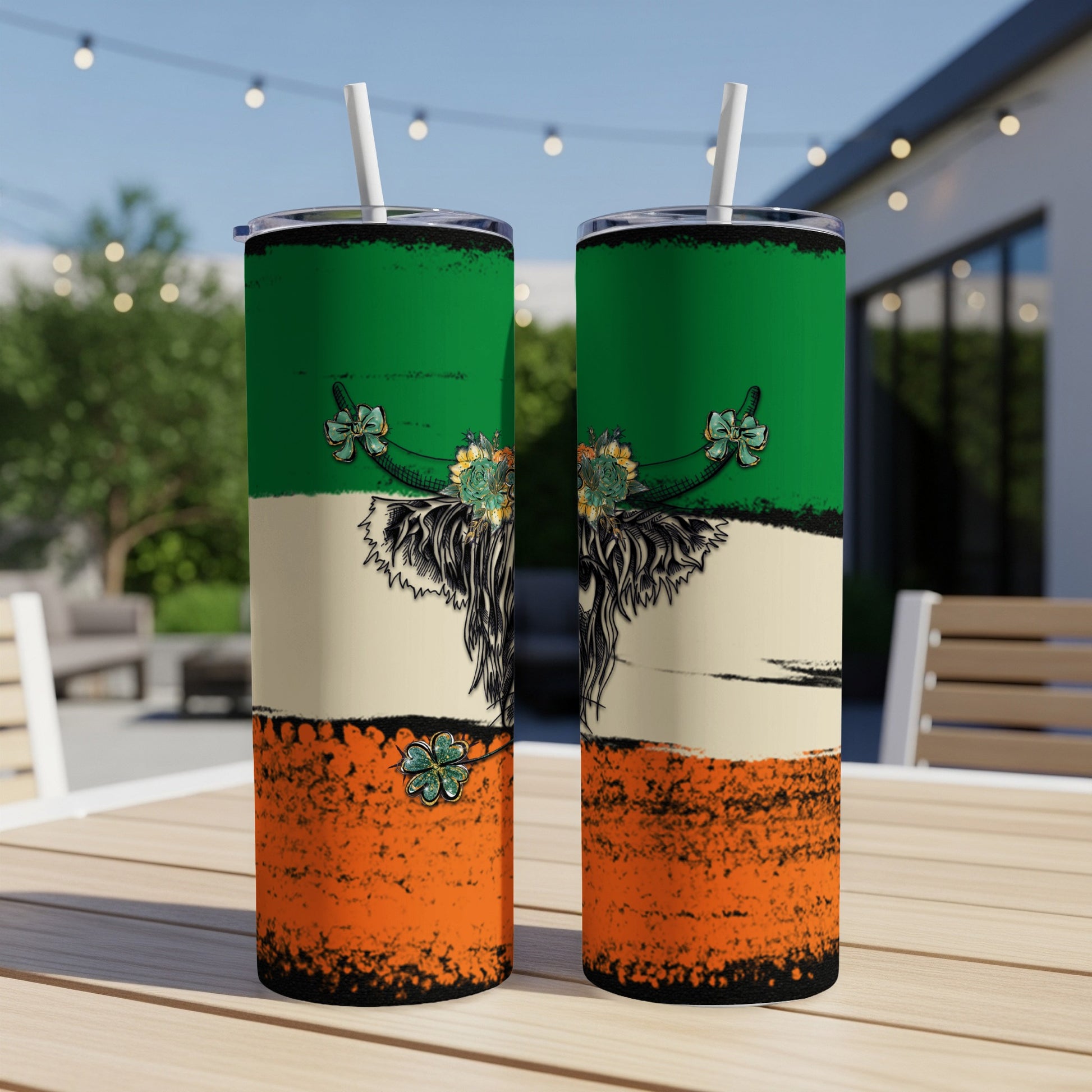 Two tumblers with Irish flag design and Highland cow graphic.