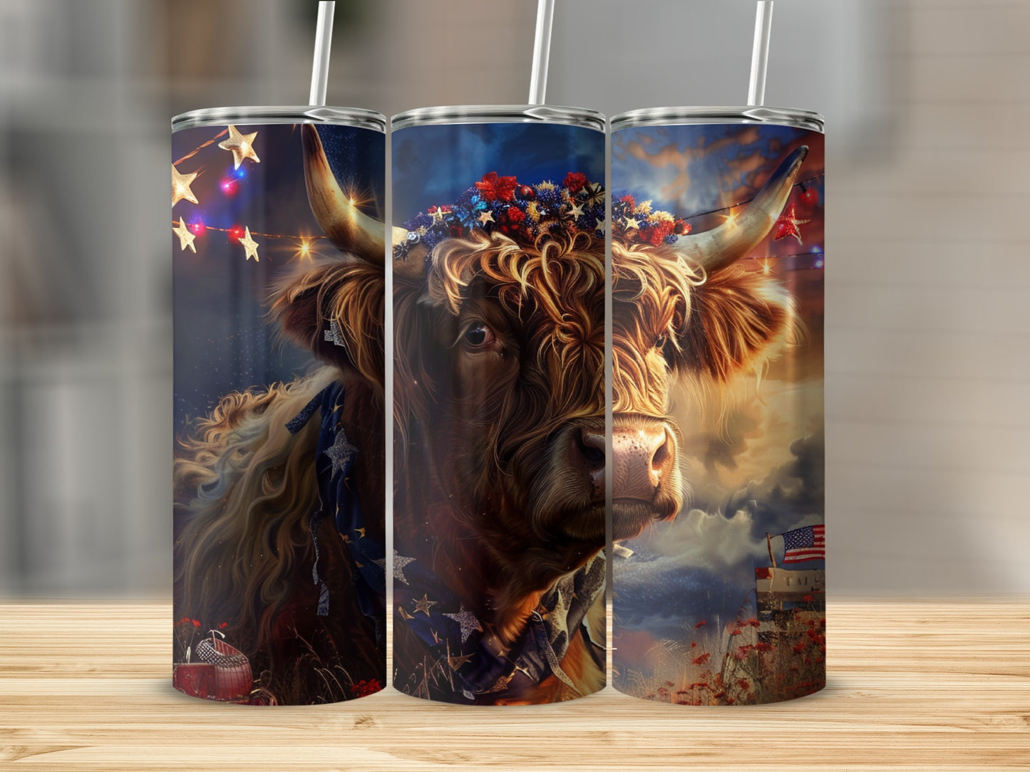 Highland cow with American flag bandana and floral crown on patriotic tumbler.