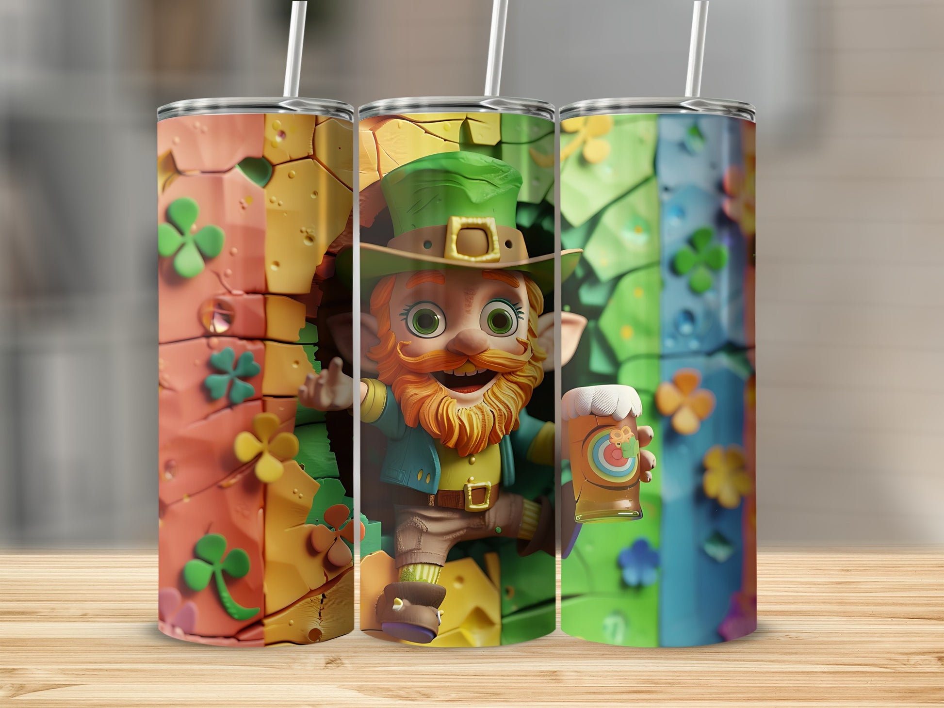 Leprechaun holding a beer mug and shamrocks on colorful tumblers.
