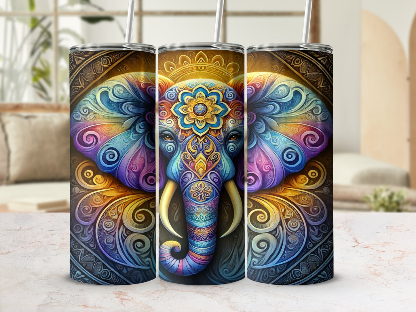Colorful Mandala Elephant Design Travel Tumbler Product