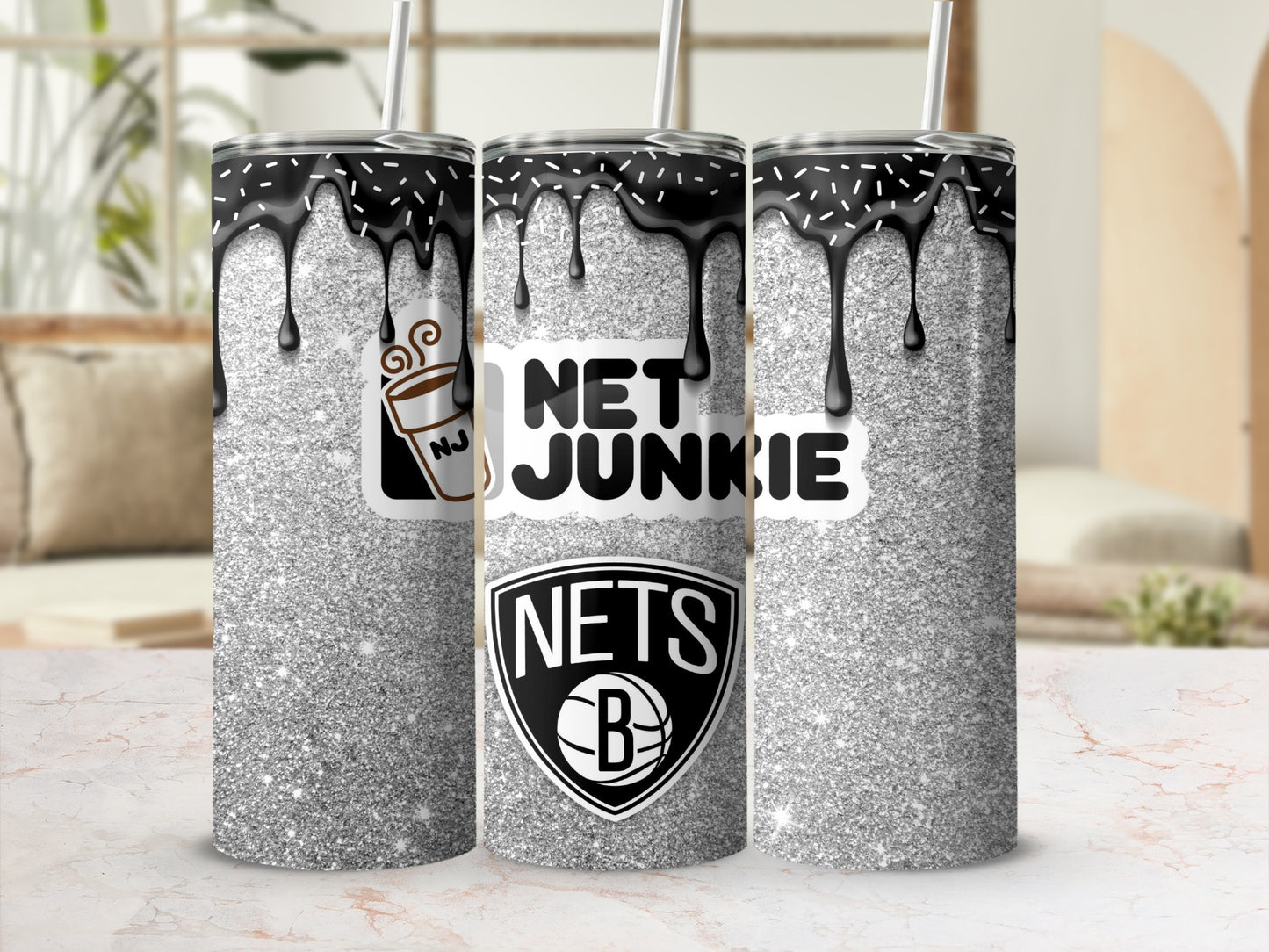 Silver Glitter Drip NET JUNKIE Design Tumbler Cup