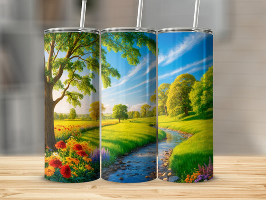 Three tumblers featuring a vibrant landscape with a stream and wildflowers.