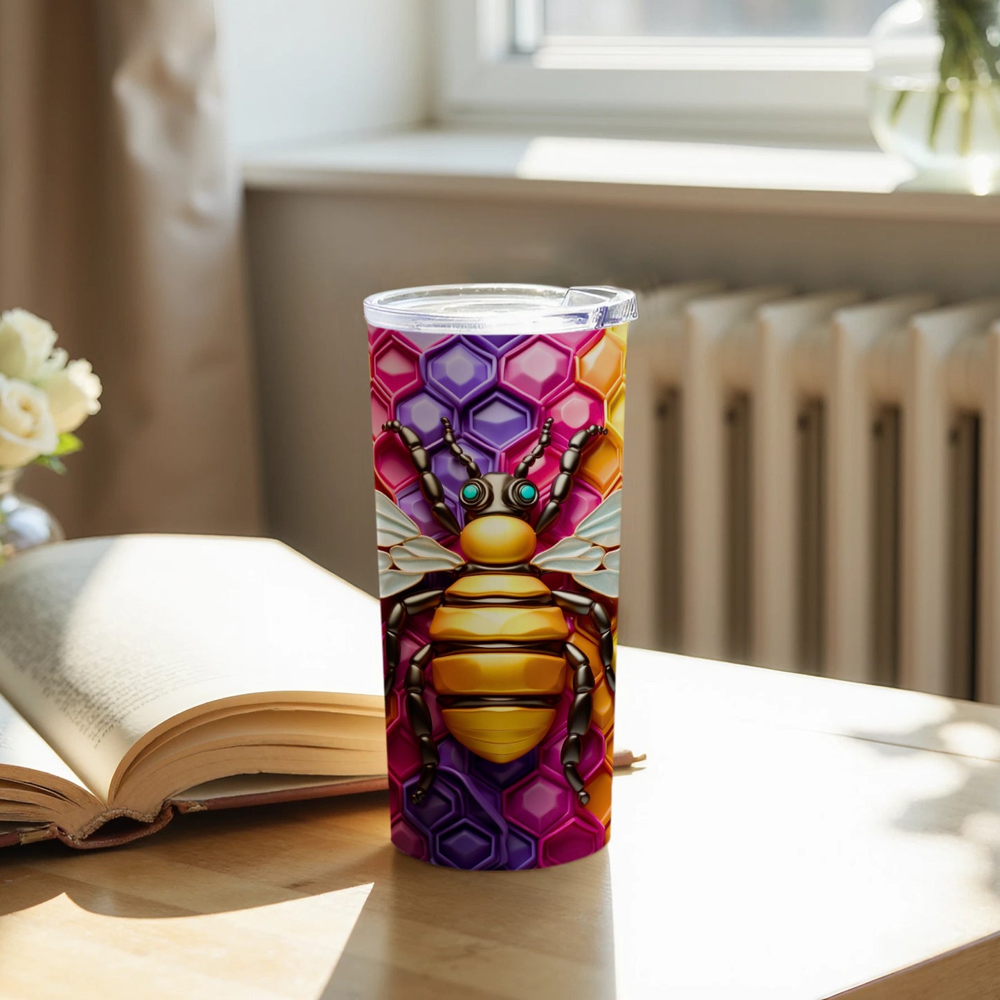 Colorful Honeycomb Pattern Bee Art Beverage Tumbler product type
Bee tumbler
Honeycomb design
Colorful art
Vibrant geometric
Hexagon pattern
Insect print
Nature inspired
Unique drinkware
Travel mug
Beverage holder
Purple pink
Orange yellow
Modern design
Graphic tumbler
Abstract bee
Animal motif
Coffee cup
Water bottle
Gift idea
Artistic design