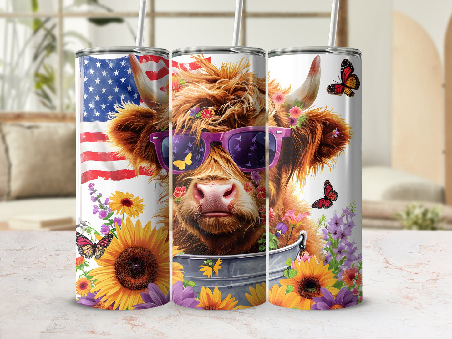 Cow with sunglasses and sunflowers wearing an American flag bandana.