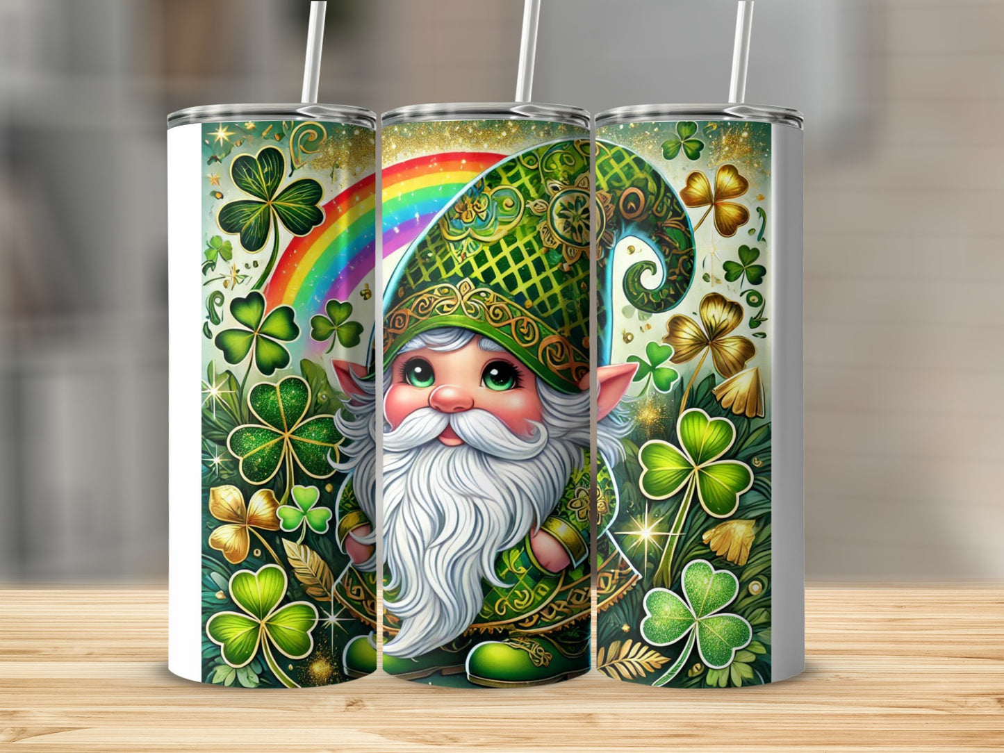 Green gnome with rainbow and shamrocks on a tumbler.