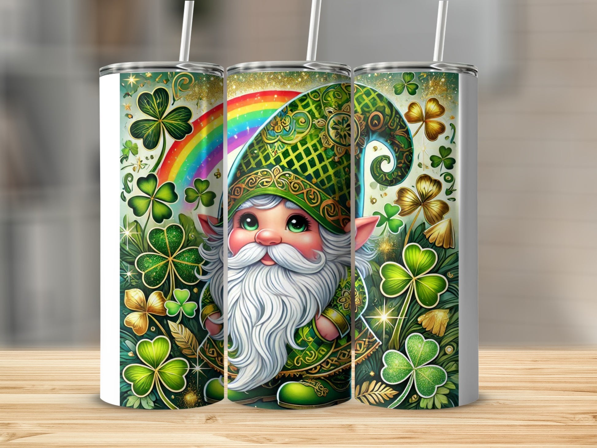 Green gnome with rainbow and shamrocks on a tumbler.