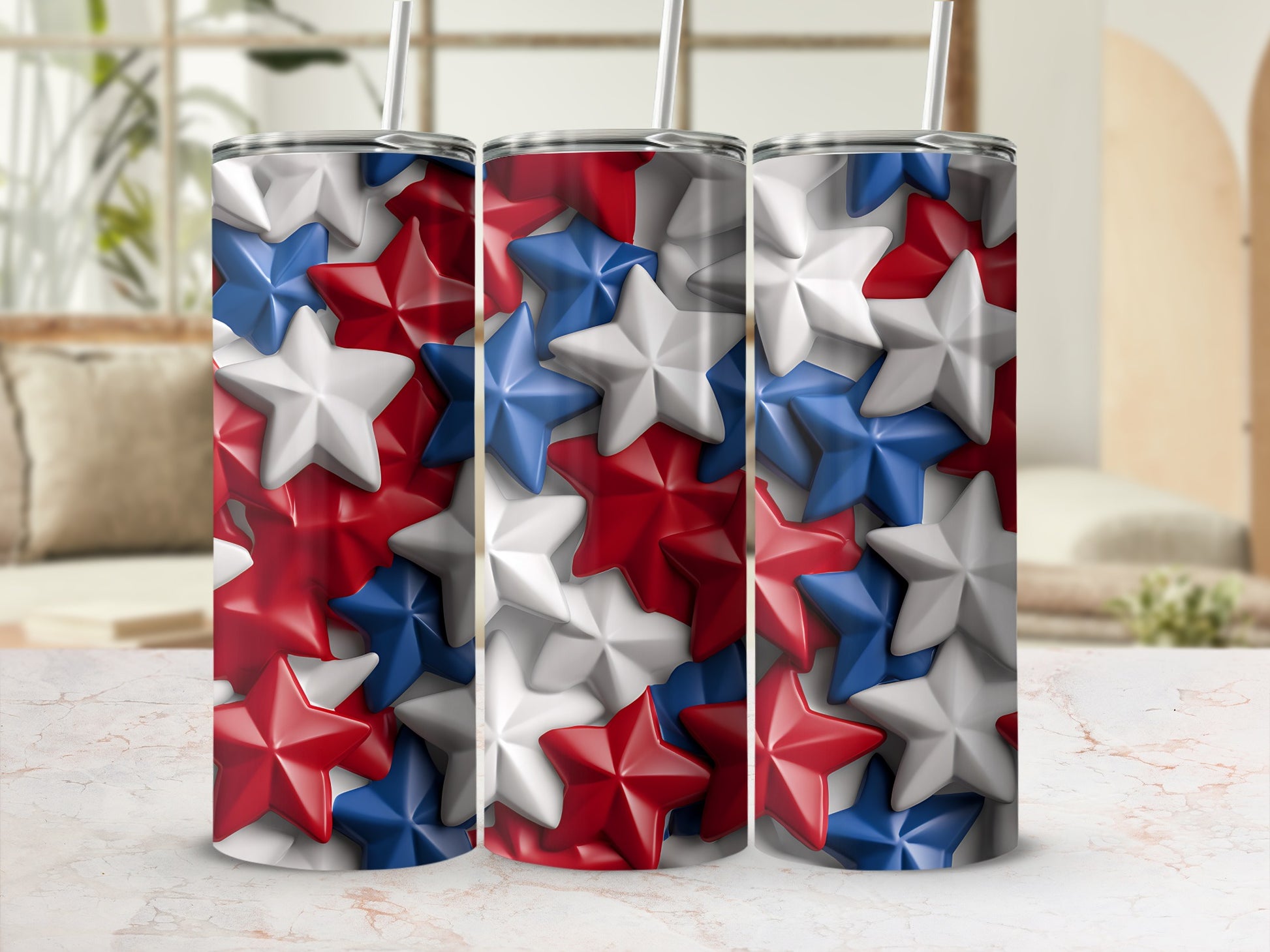 Three tumblers with patriotic red, white, and blue stars pattern.