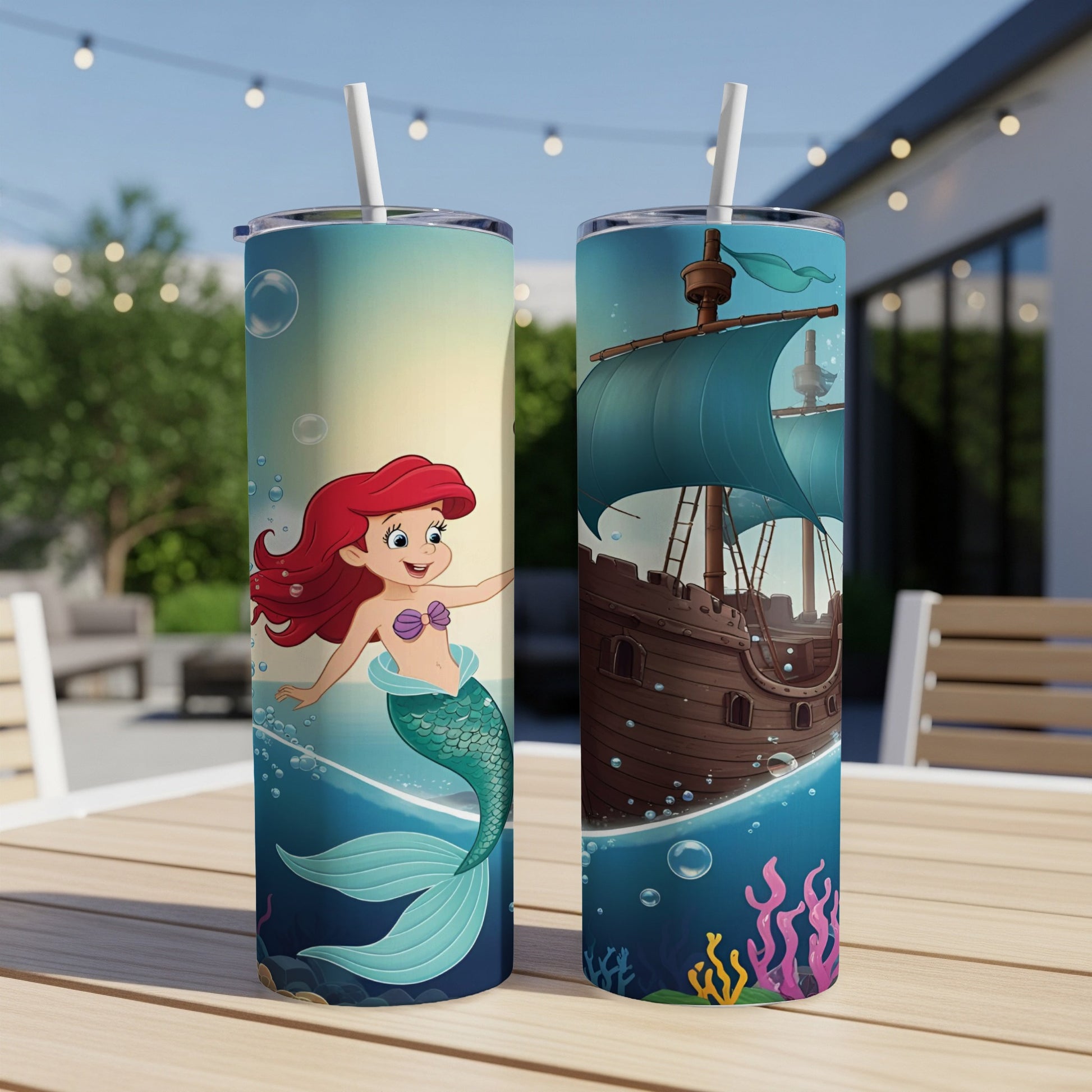 Two tumblers, one with Ariel the mermaid, the other with a pirate ship.