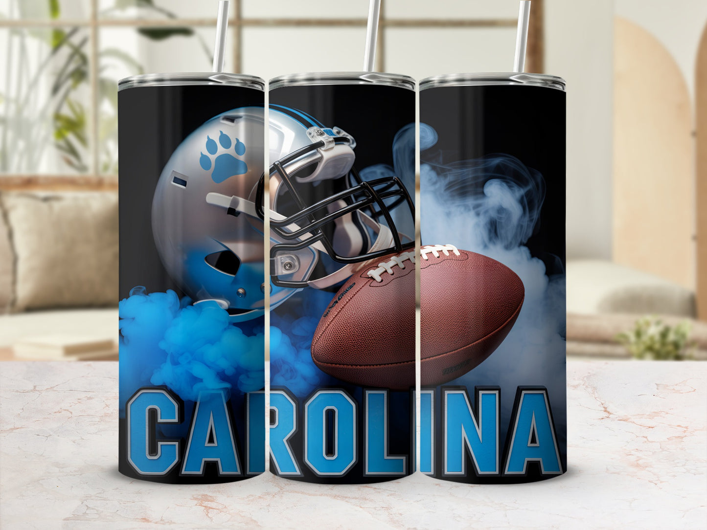 Carolina Panthers football helmet and ball surrounded by blue smoke.