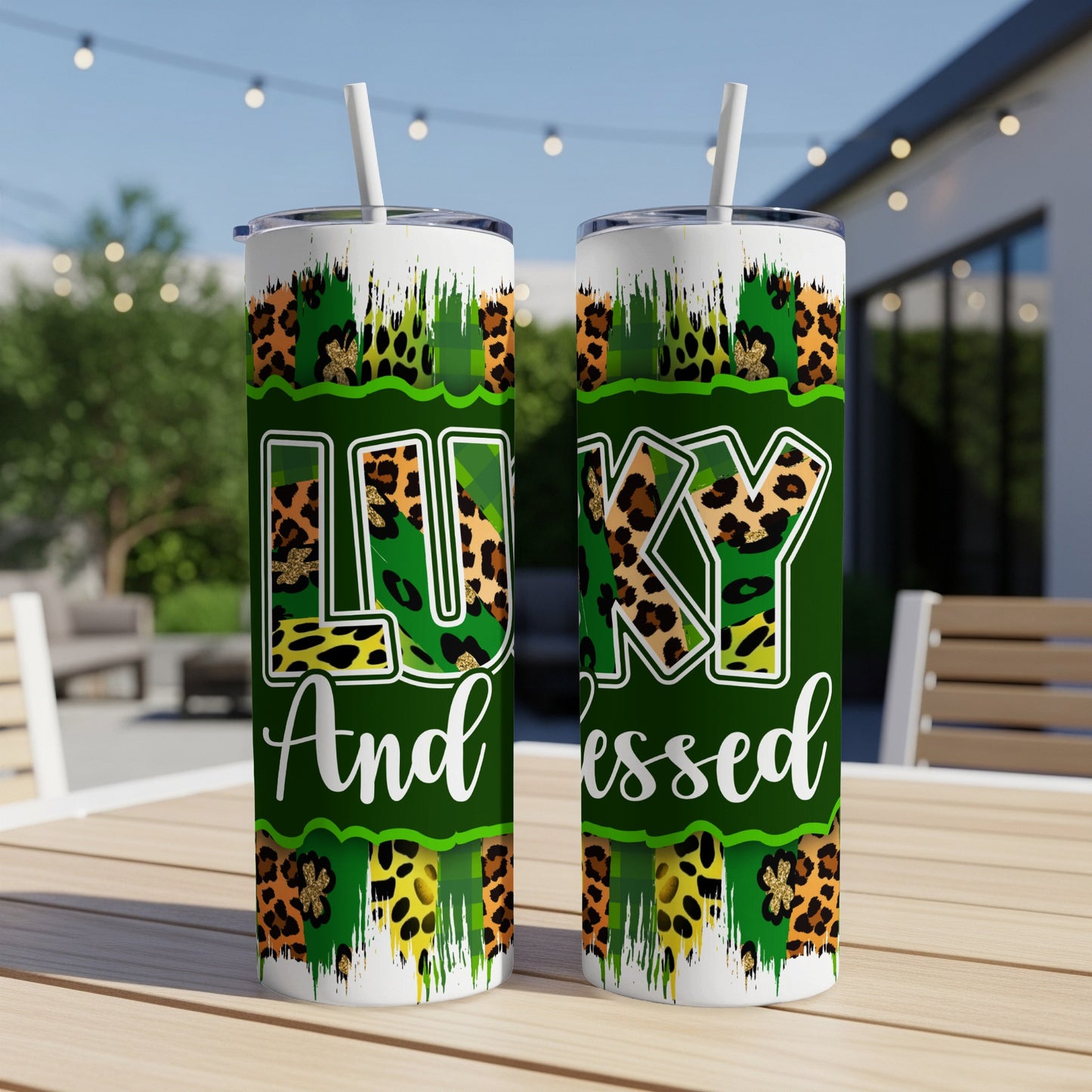 Two green tumblers with "Lucky And Blessed" text and leopard print.