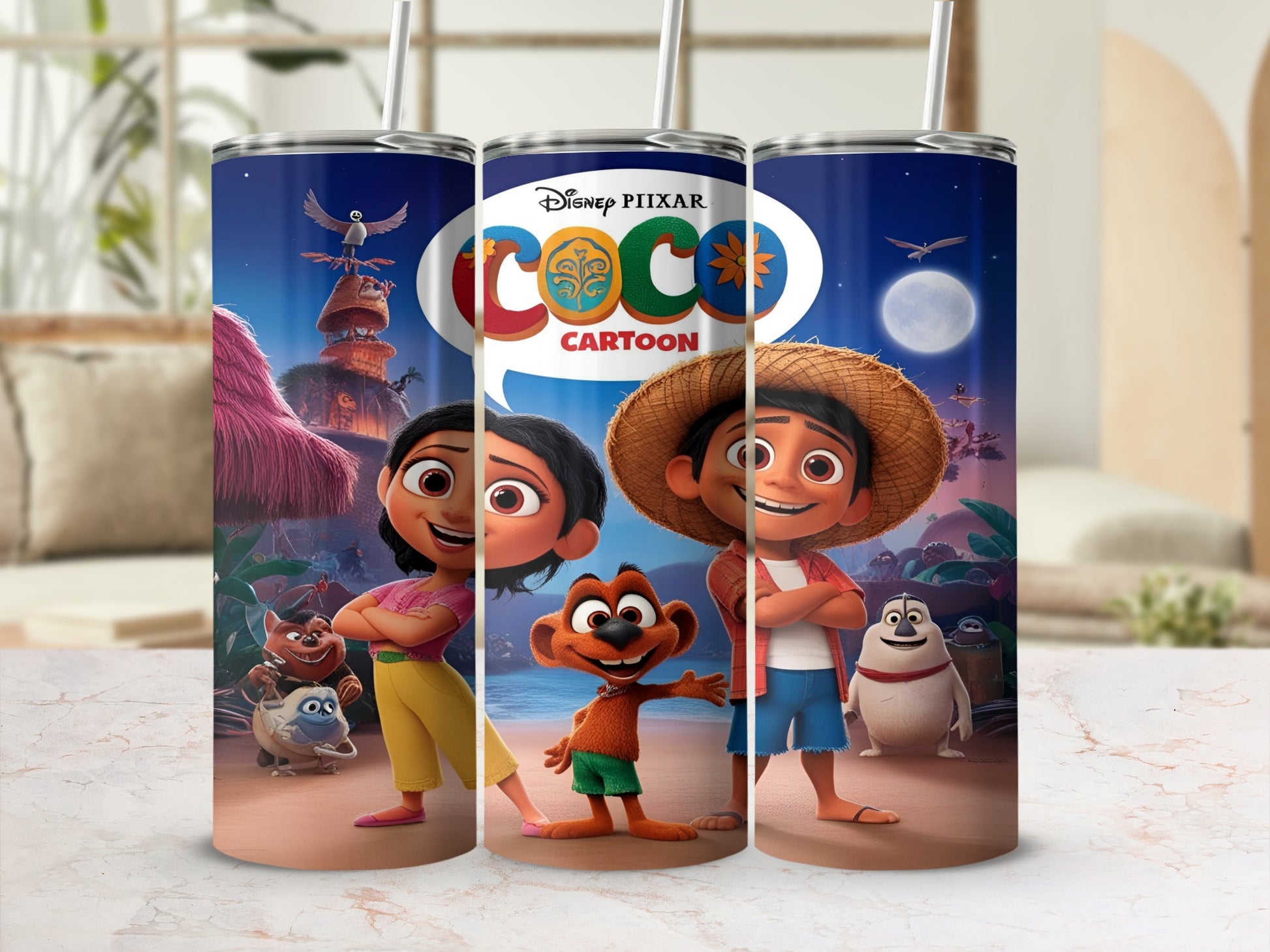 Coco cartoon characters Miguel, Hector, and Dante on a tumbler.