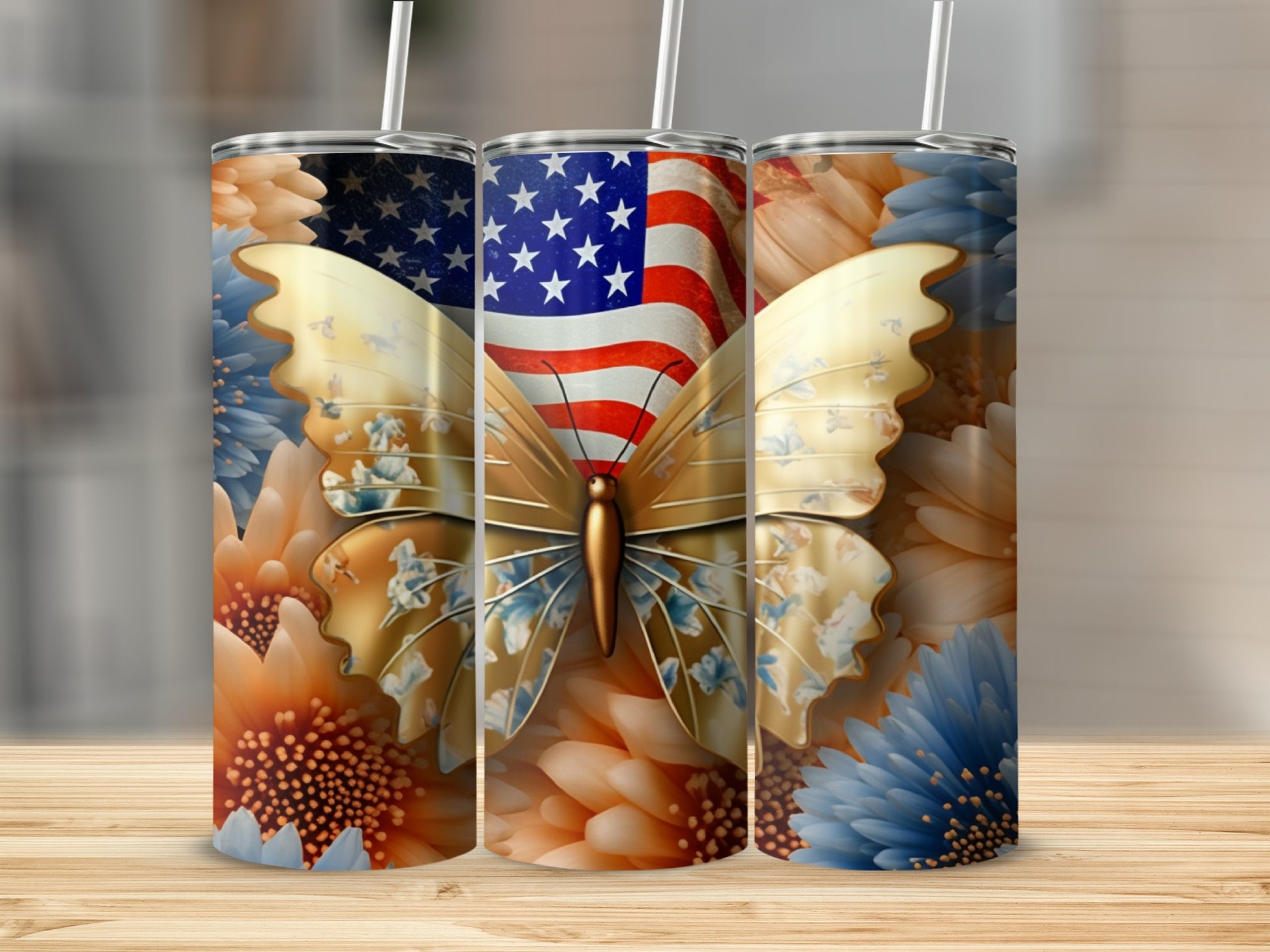Patriotic butterfly tumbler with US flag and floral design.