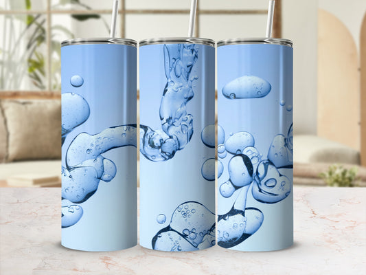 Three tall tumblers with abstract blue liquid and bubble graphics.