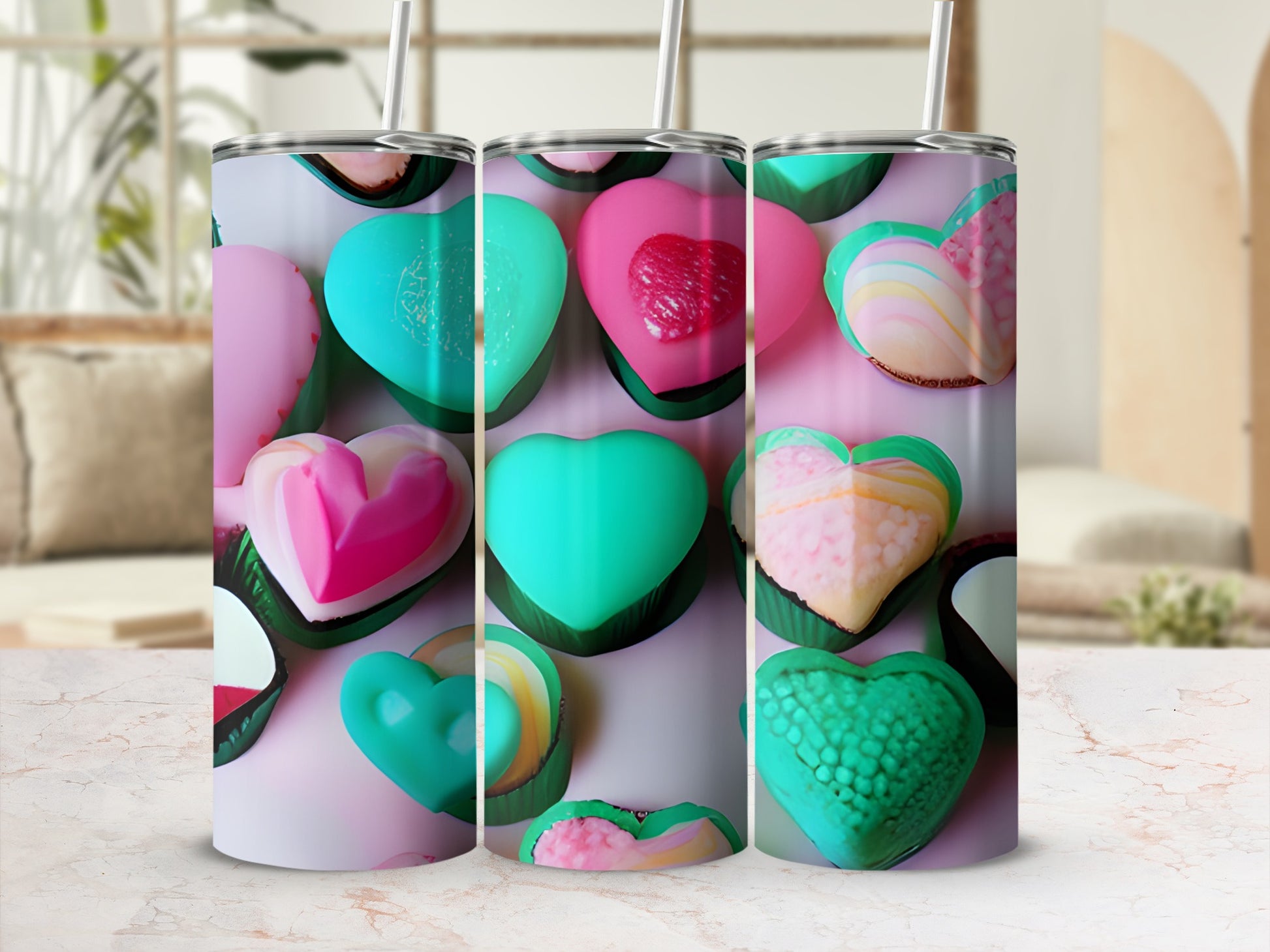 Triptych of heart-shaped cookies on a countertop with a blurred background.