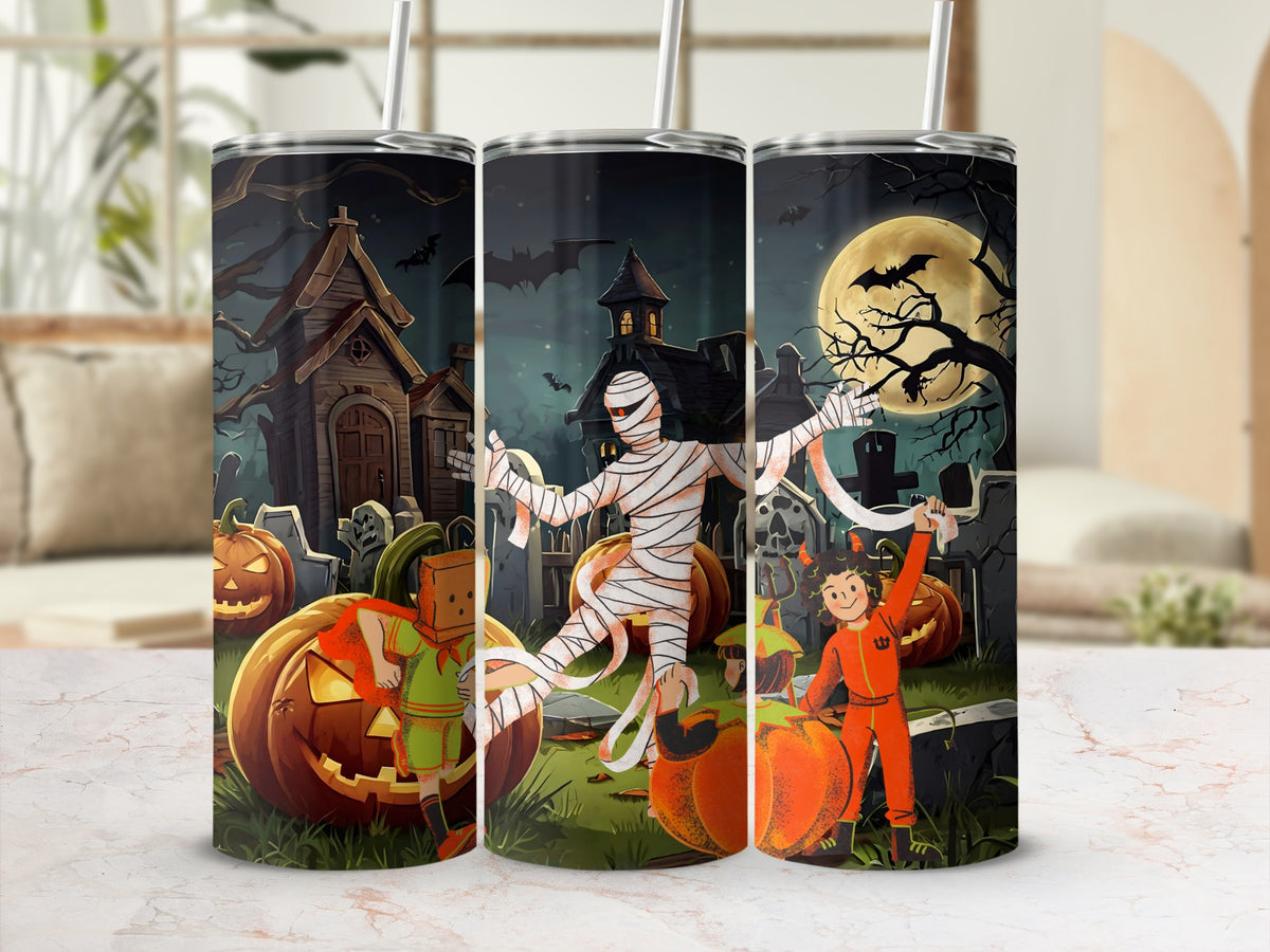 Halloween themed tumbler with cartoon mummy, kids in costumes, pumpkins, and spooky house.