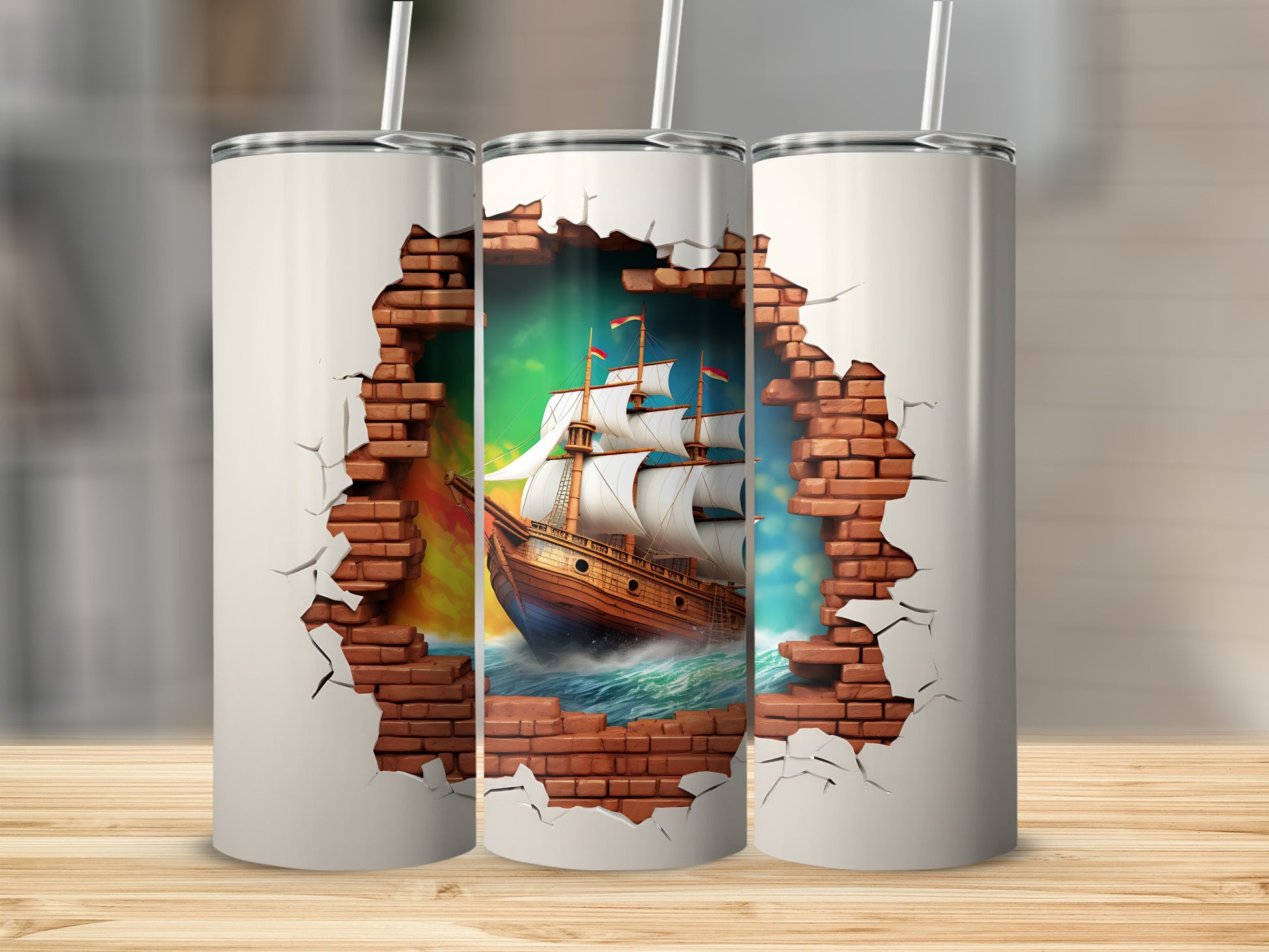 Vibrant Sailing Ship Breaking Through Brick Wall Tumbler