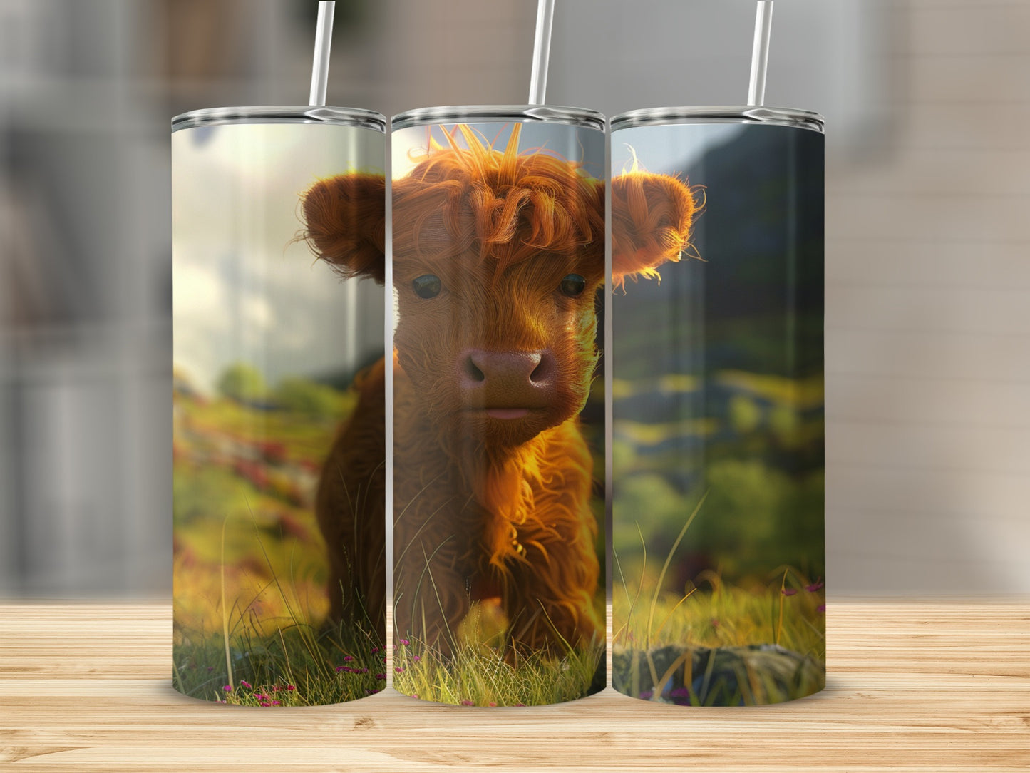 Cute Highland cow design on three insulated tumblers.