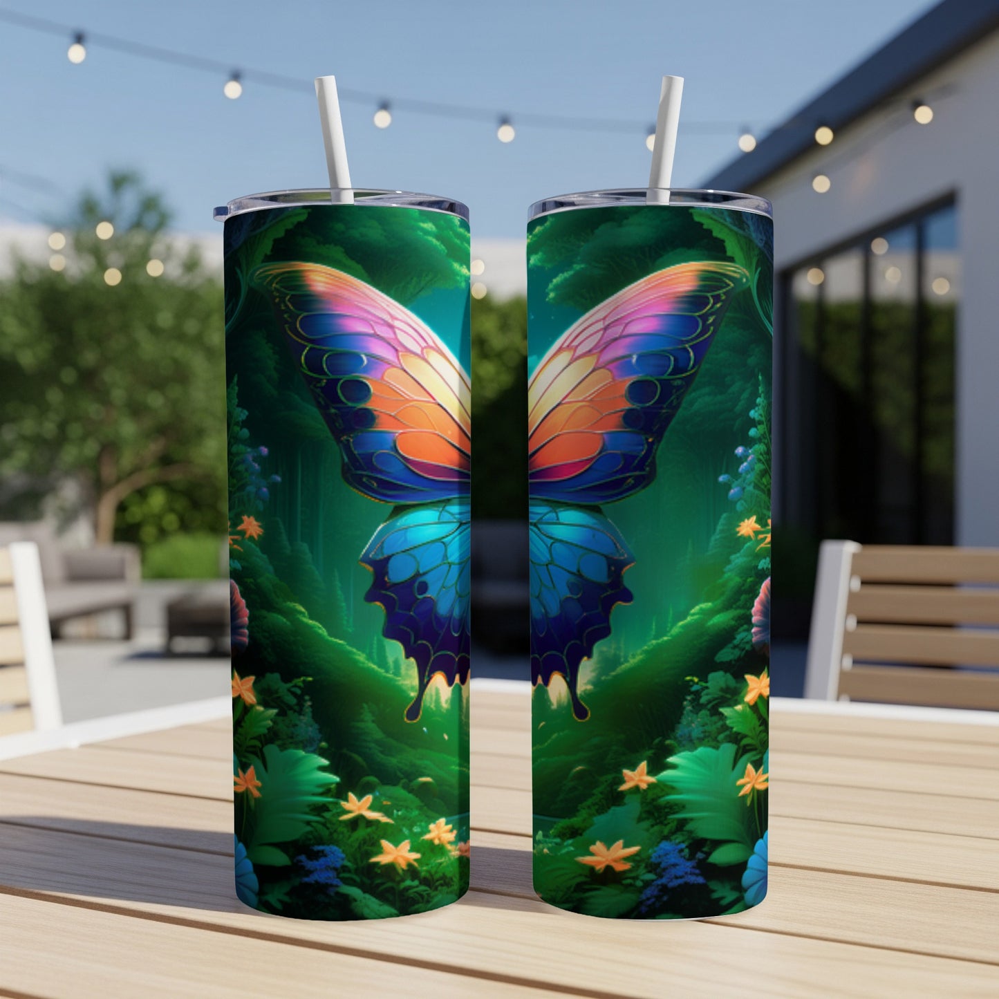 Two tumblers featuring a vibrant, colorful butterfly design on a dark, mystical background.