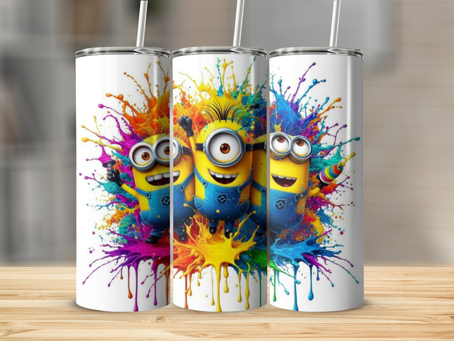 Colorful Cartoon Characters on Splatter Painted Tumblers