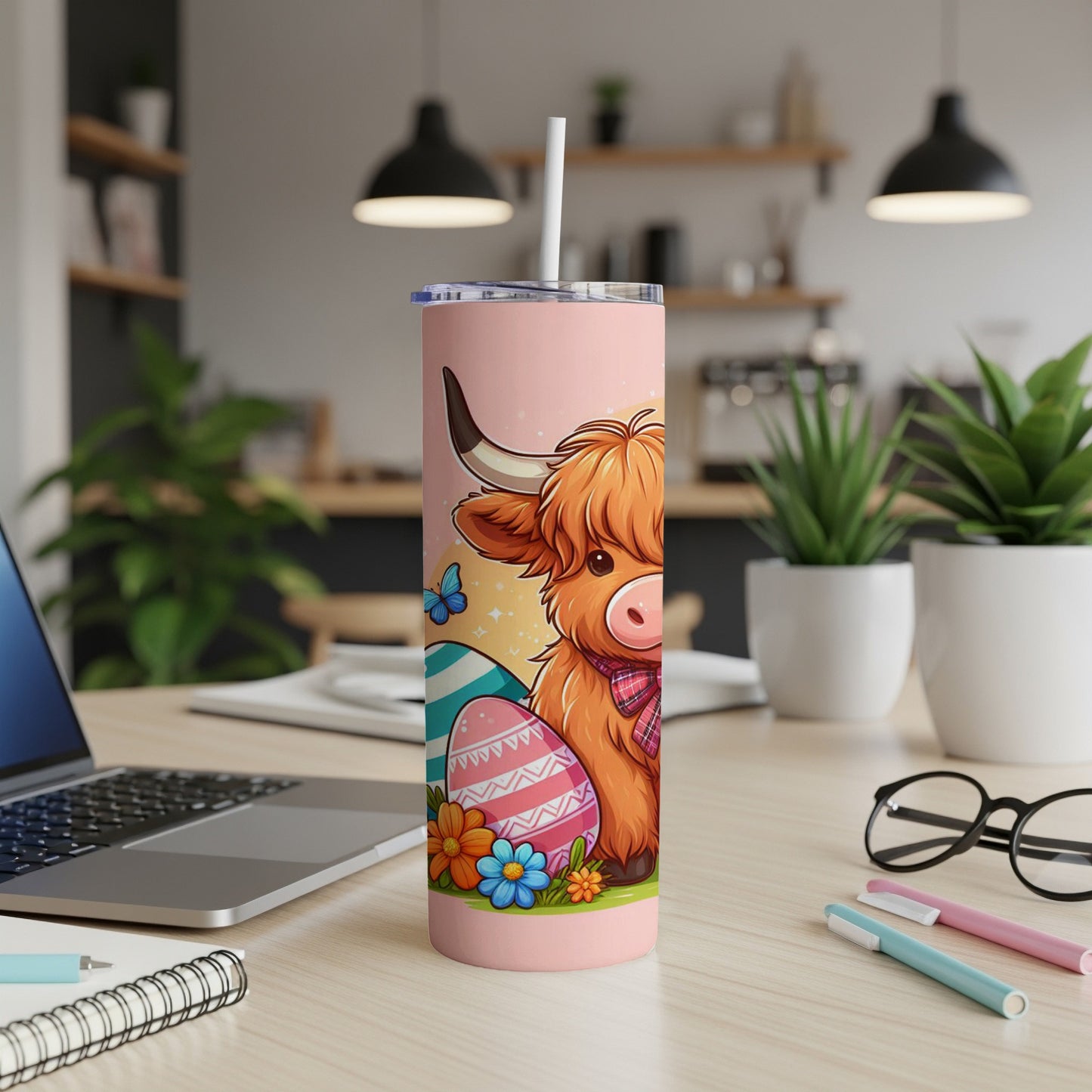 Pink tumbler with Highland cow and Easter eggs design.