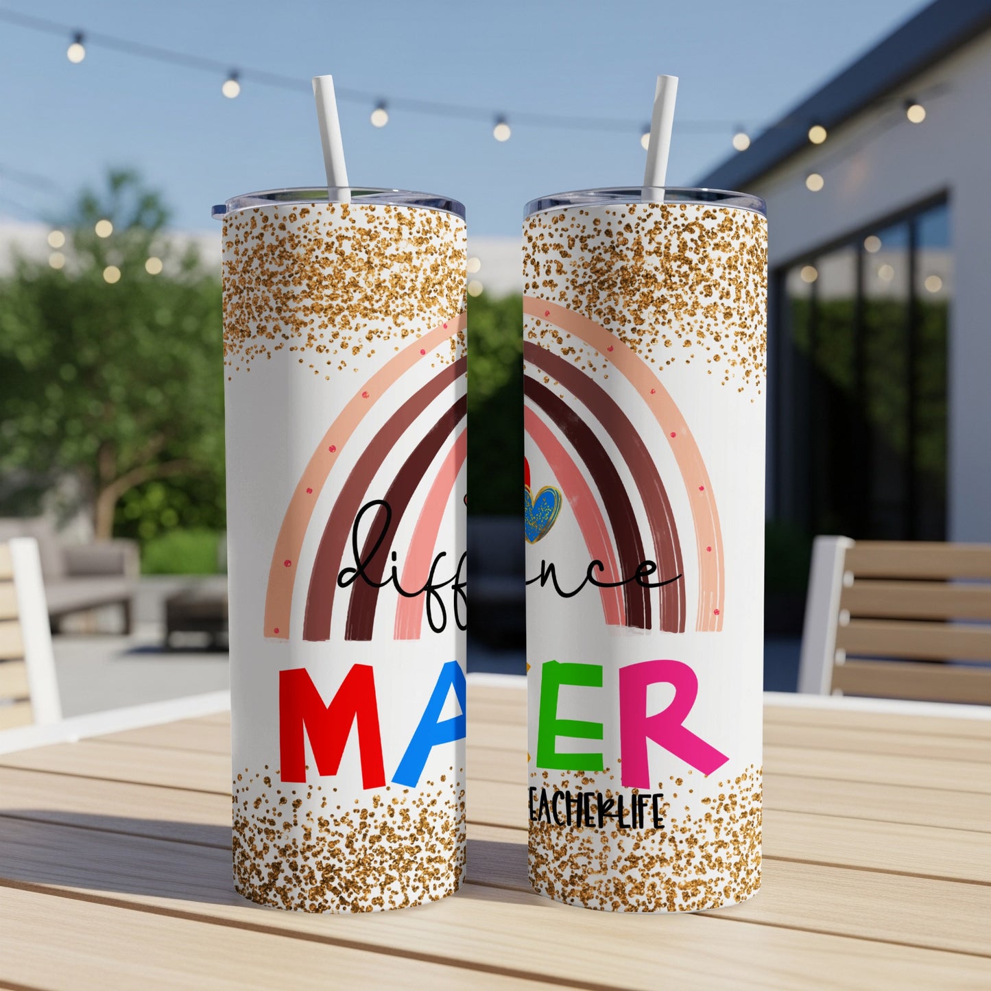 Rainbow design "Make a difference" and "Teacherlife" text on two tumblers.