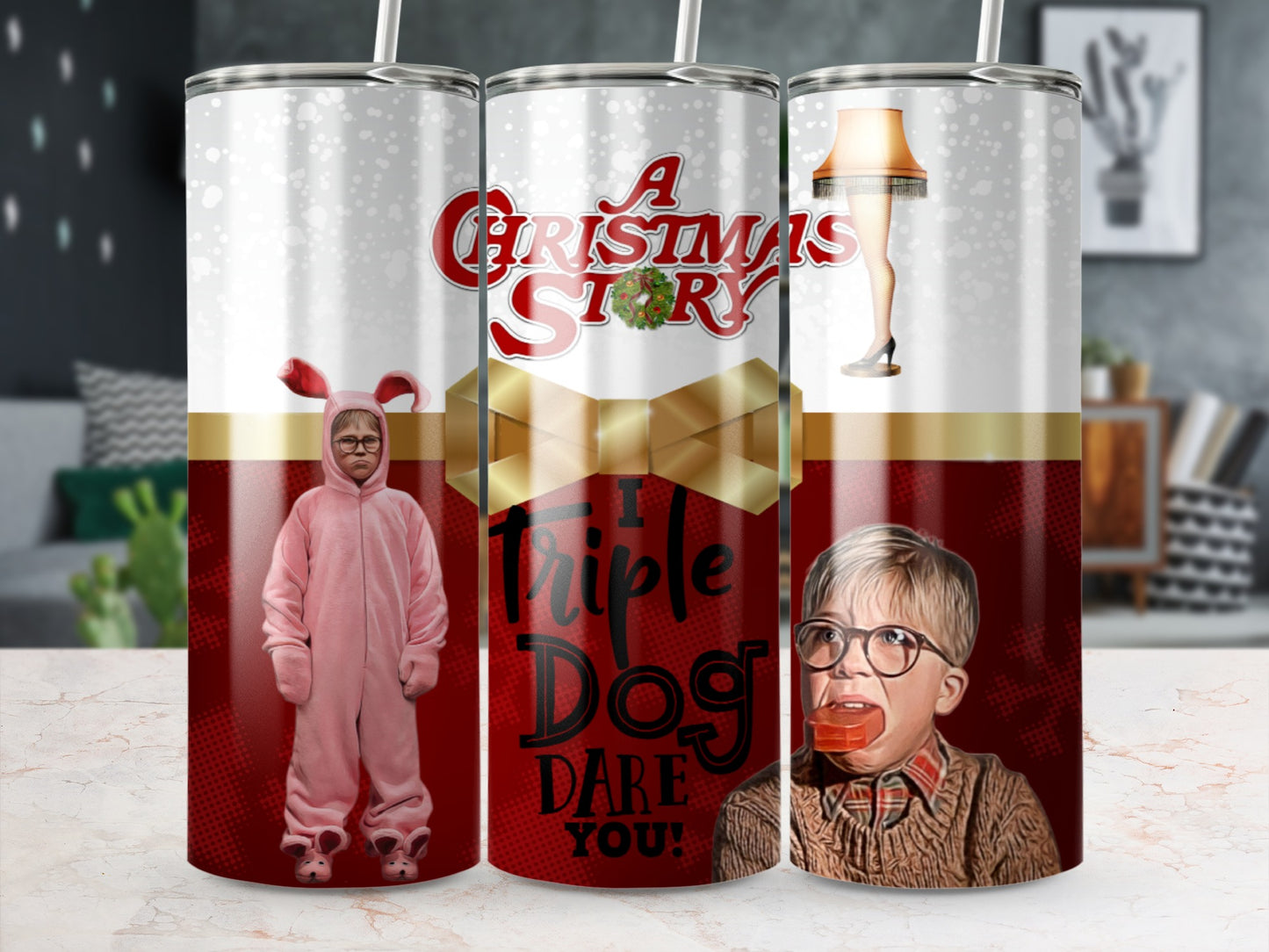A Christmas Story tumbler featuring Ralphie in a pink bunny suit and a leg lamp.