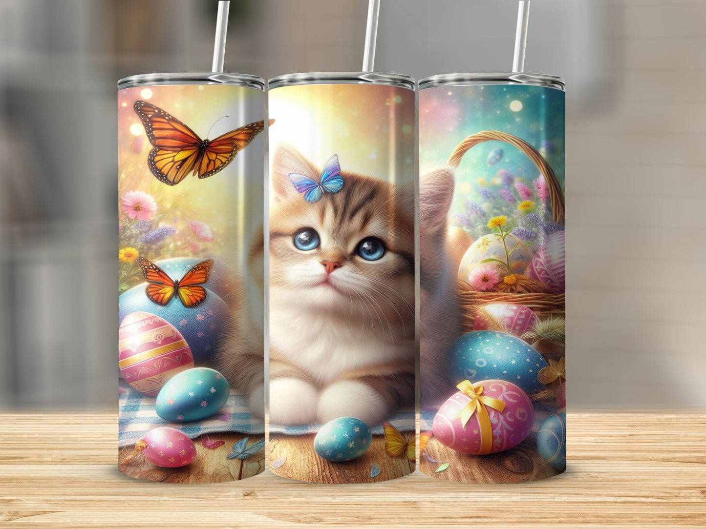 Three tumblers with Easter-themed kittens, butterflies, and decorated eggs.