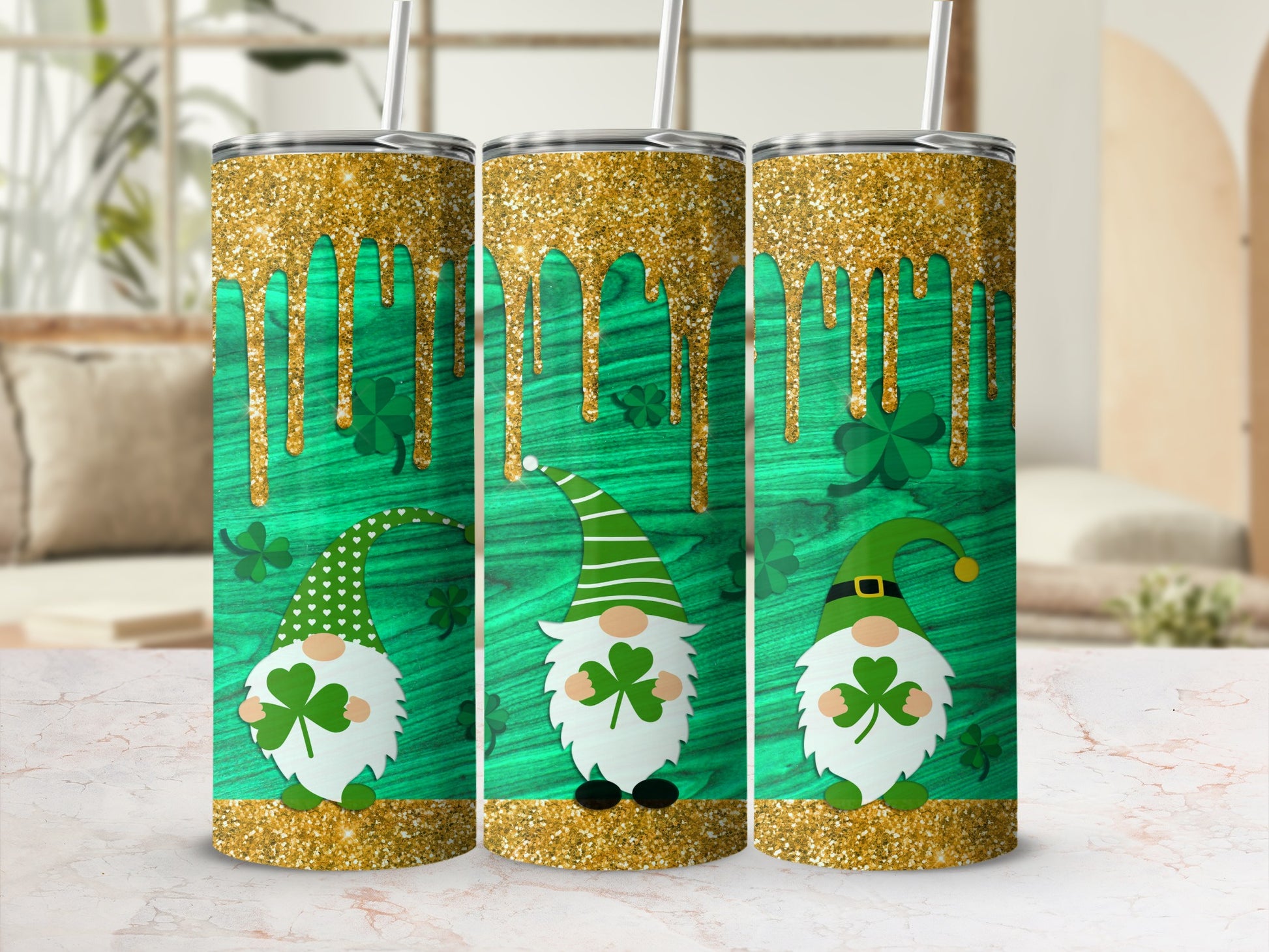 Three St. Patrick's Day gnomes with shamrocks on green glitter background.
