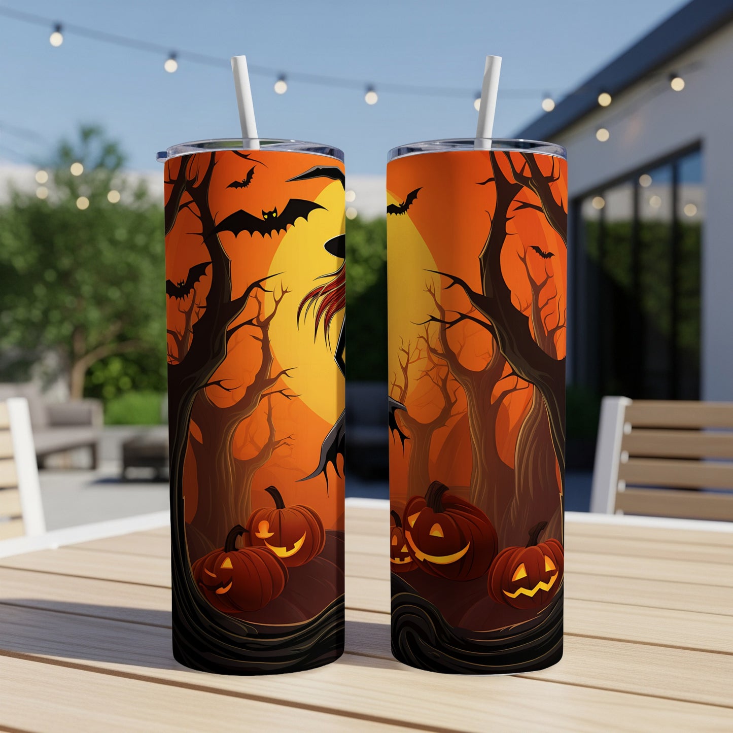 Two Halloween-themed tumblers with a witch, bats, pumpkins, and spooky trees.