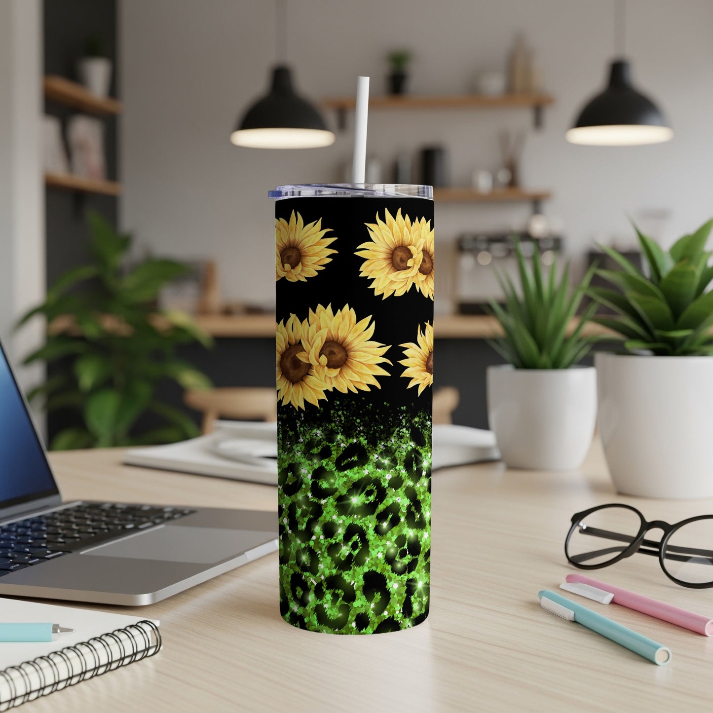 Tall tumbler with sunflowers and green leopard print design.