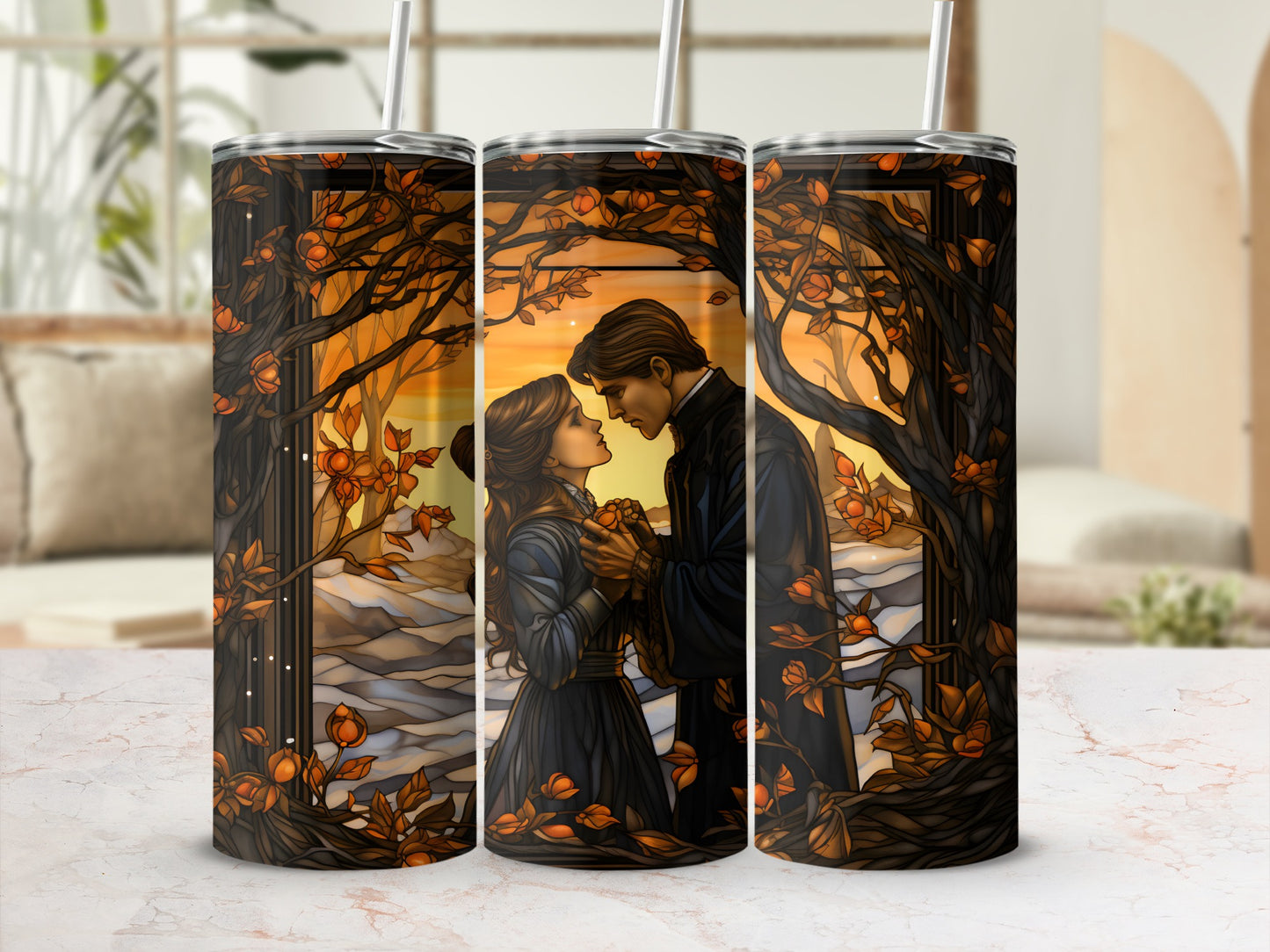 Couple embracing amidst autumn trees with a stained-glass window background.