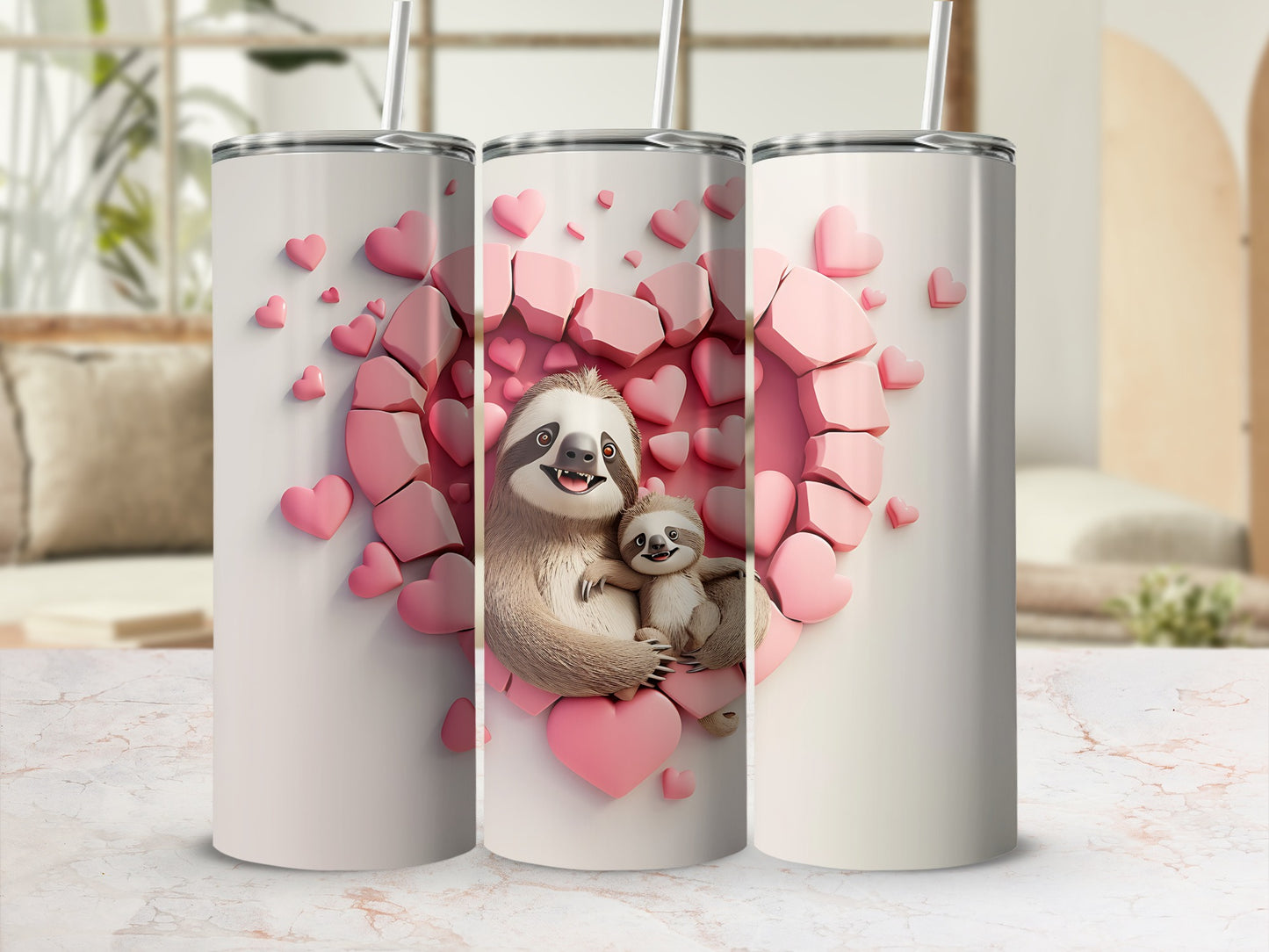Three tumblers with sloths and heart design.