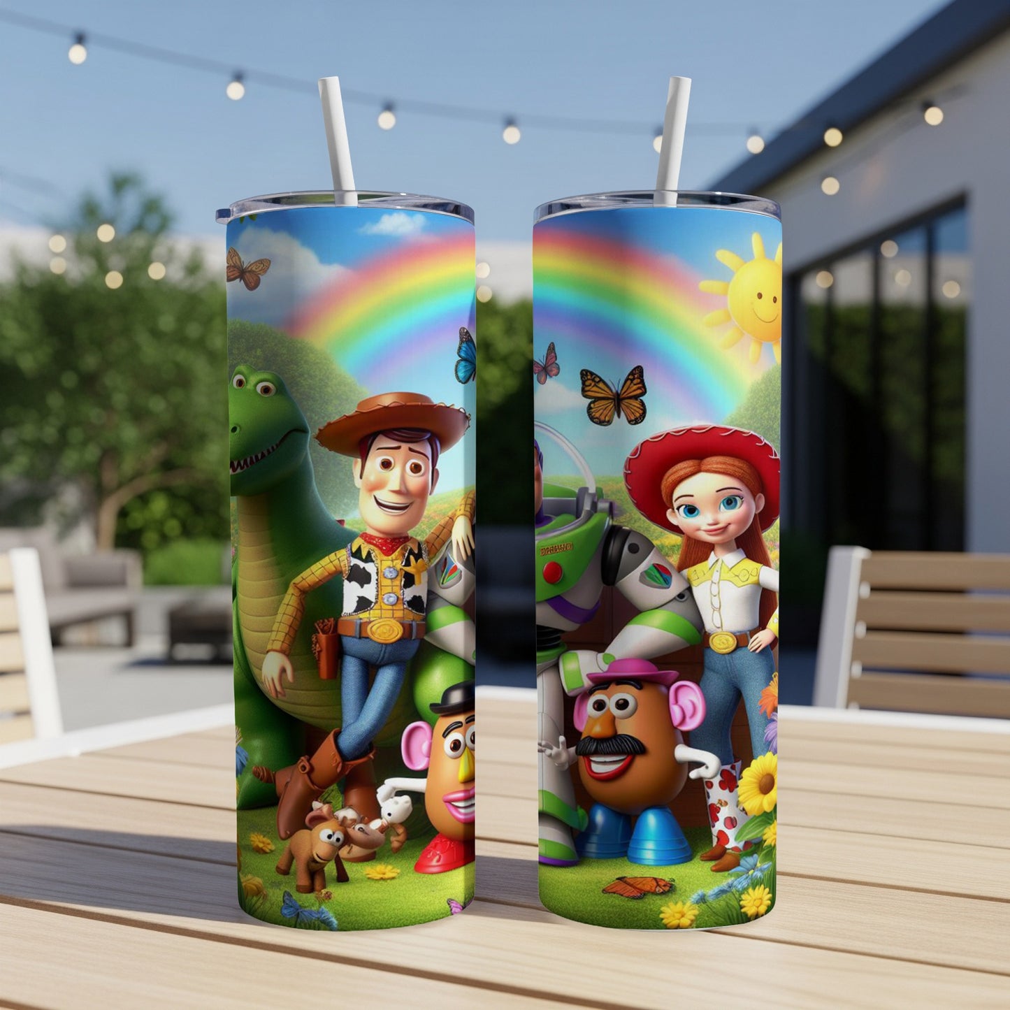 Toy Story characters Woody, Buzz, and Mr. Potato Head on tumblers with a rainbow.
